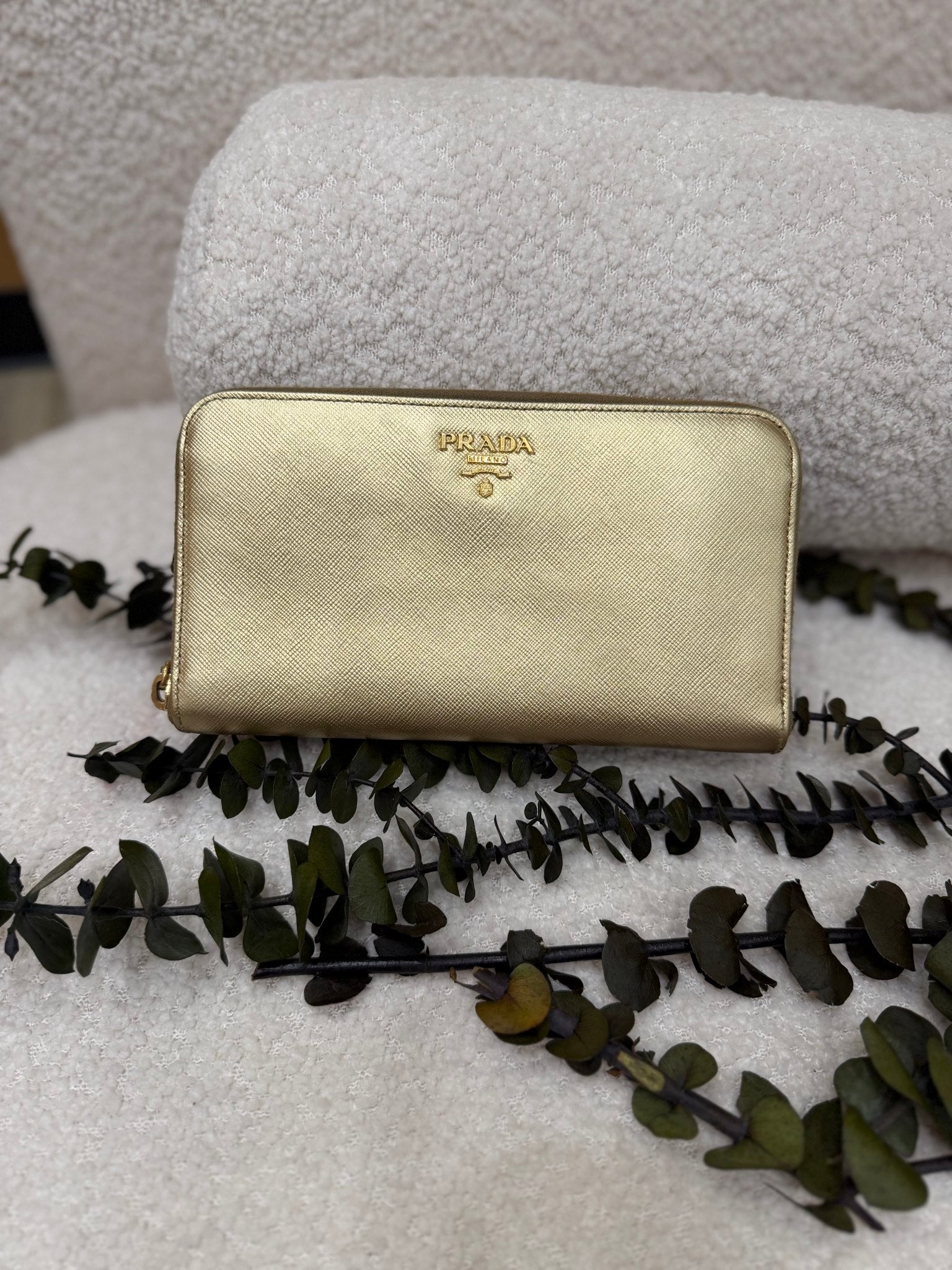 Prada Gold Saffiano Leather Zippy Wallet