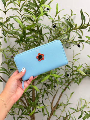 Fendi Light Blue Saffiano Leather Flowerland Zippy Wallet