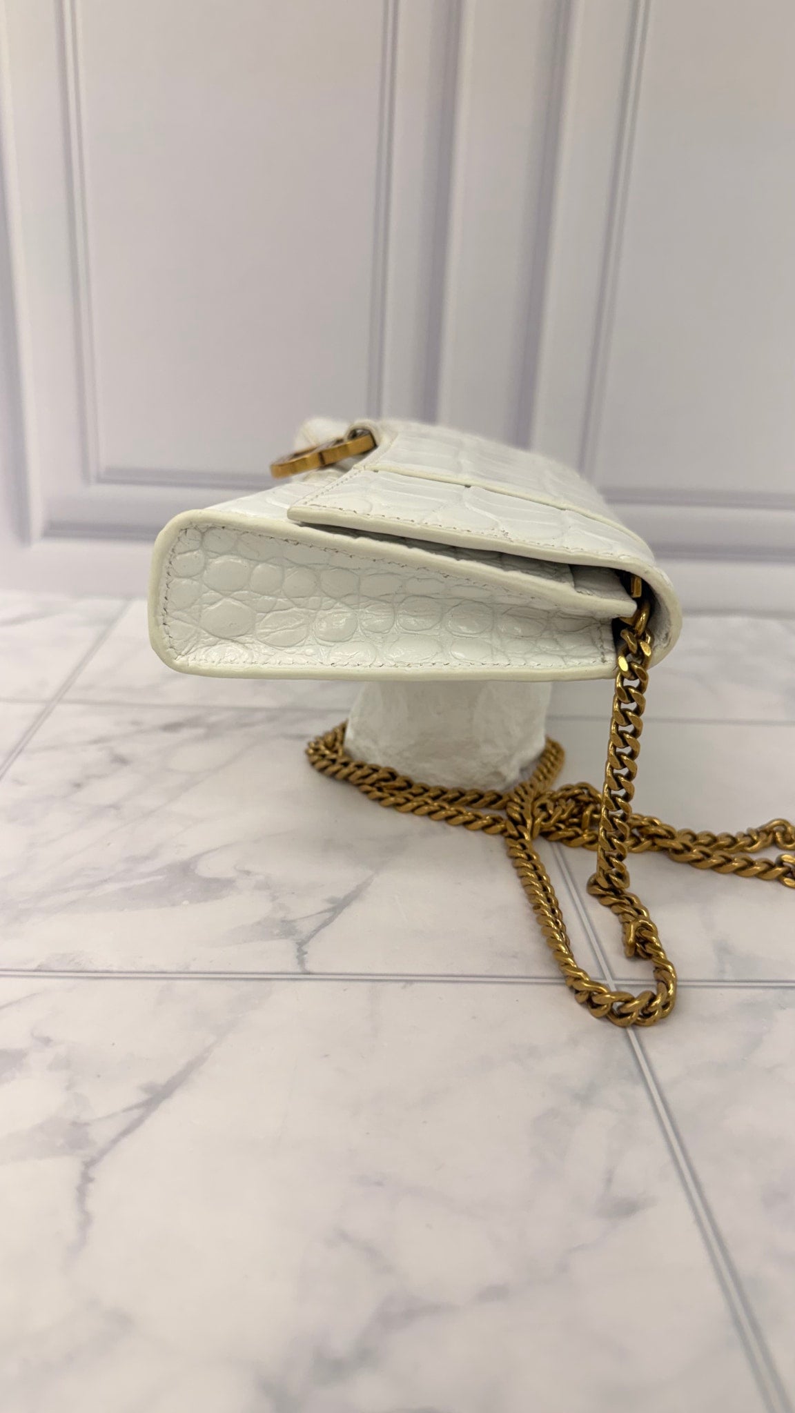Balenciaga White Croc Embossed Leather Wallet On a chain 