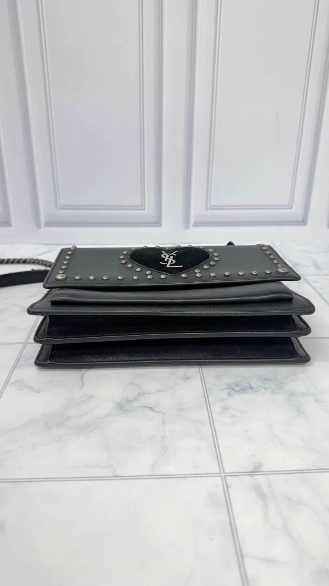 Saint Laurent YSL Black Leather Medium Studded Monogram Heart Sunset Crossbody Bag 