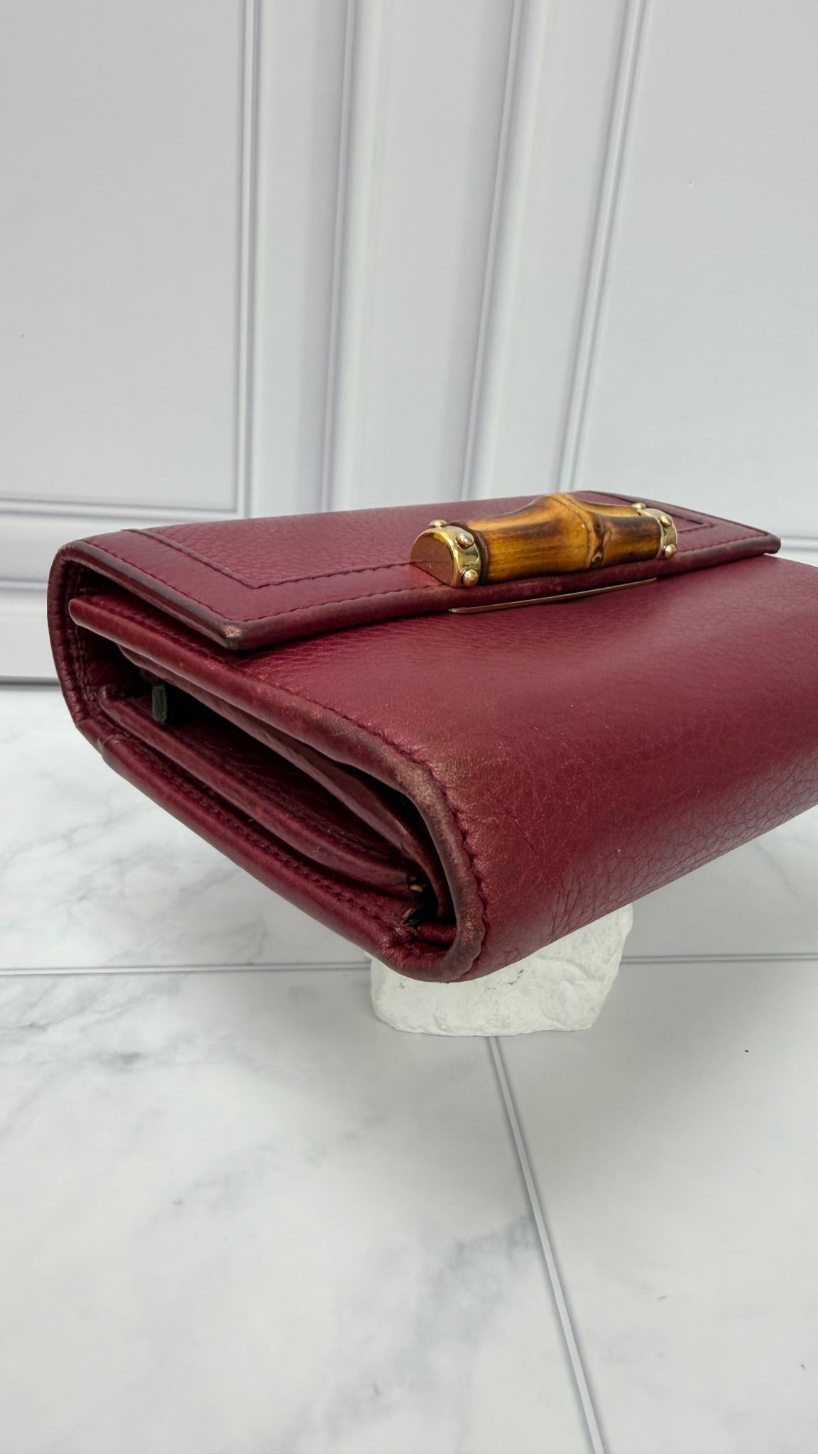 Gucci Burgundy Grained Leather Bamboo Trifold Wallet 