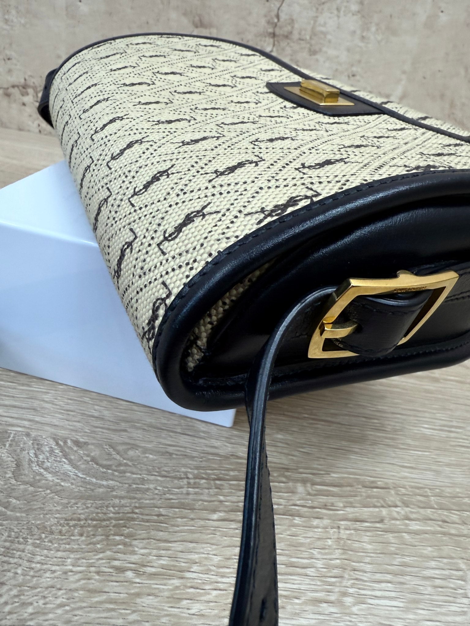 BRAND NEW- Saint Laurent YSL Cream & Navy Monogram All Over Medium Satchel Bag