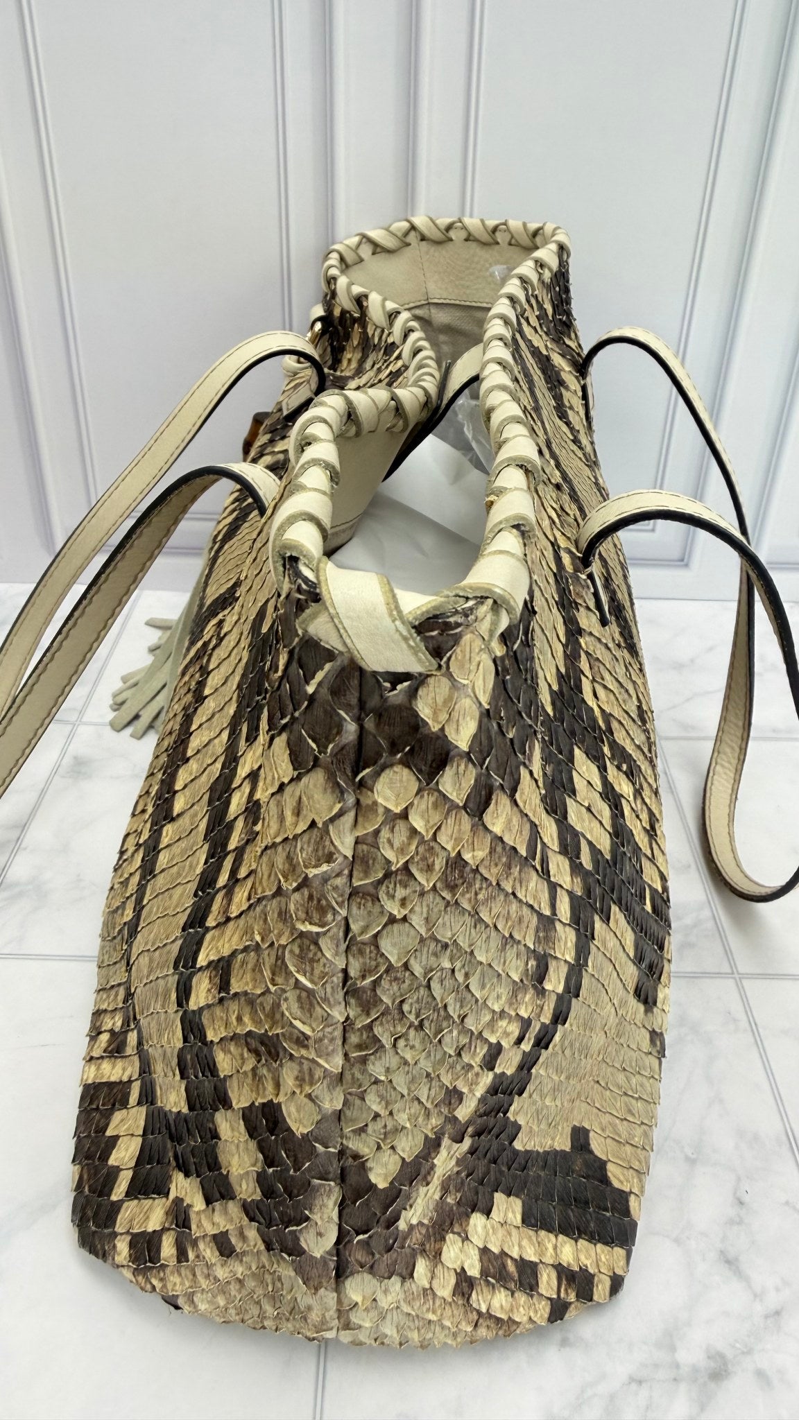 Gucci Snakeskin  & Beige Woven Leather Shoulder Tote