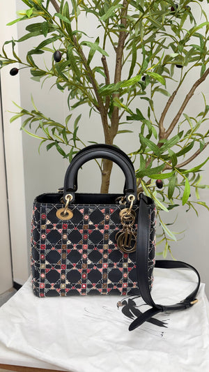 Christian Dior Black Multicolor Embroidered Lady Dior Medium 2Way Bag