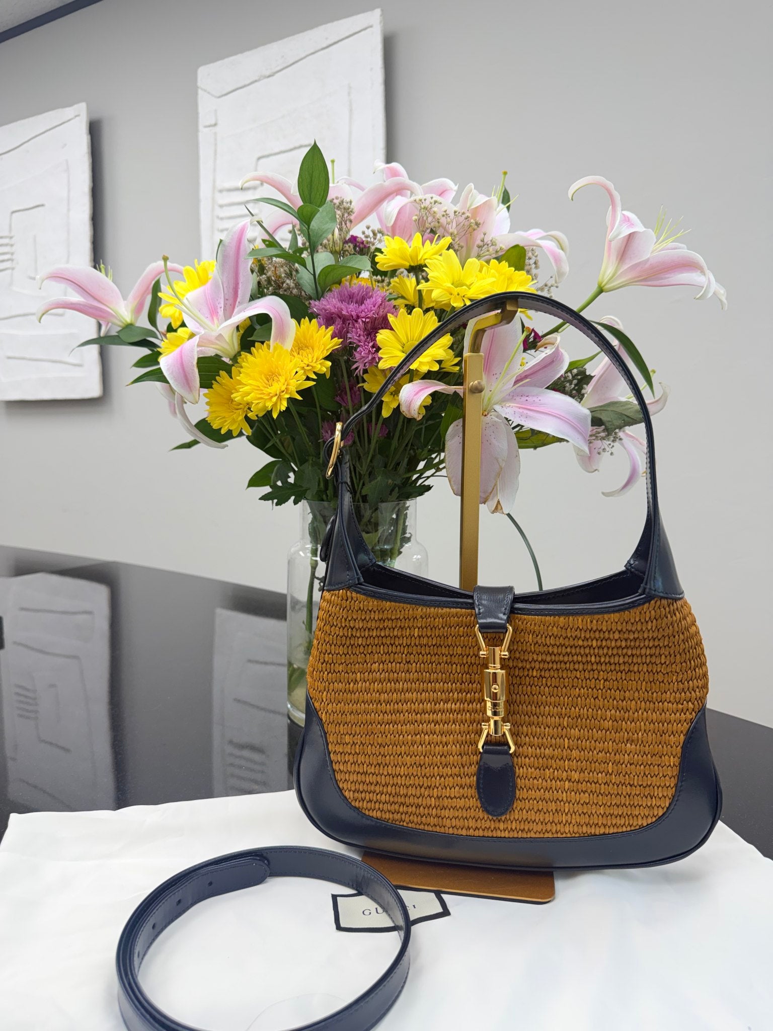 LIKE NEW - Gucci Navy Leather And Raffia Jackie 1961 Shoulder Bag 