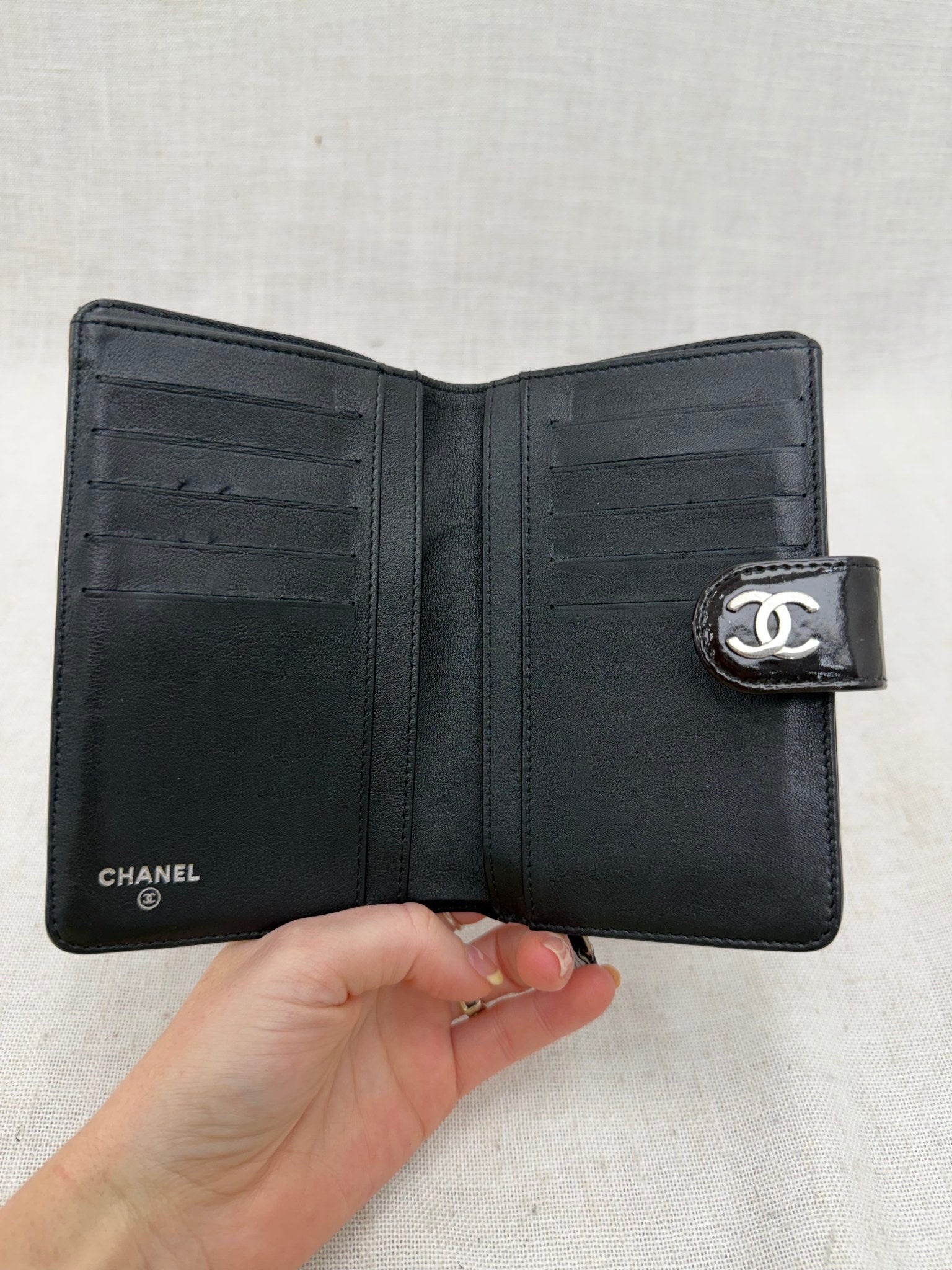 Chanel Black Patent Leather Cameilla Compact Wallet