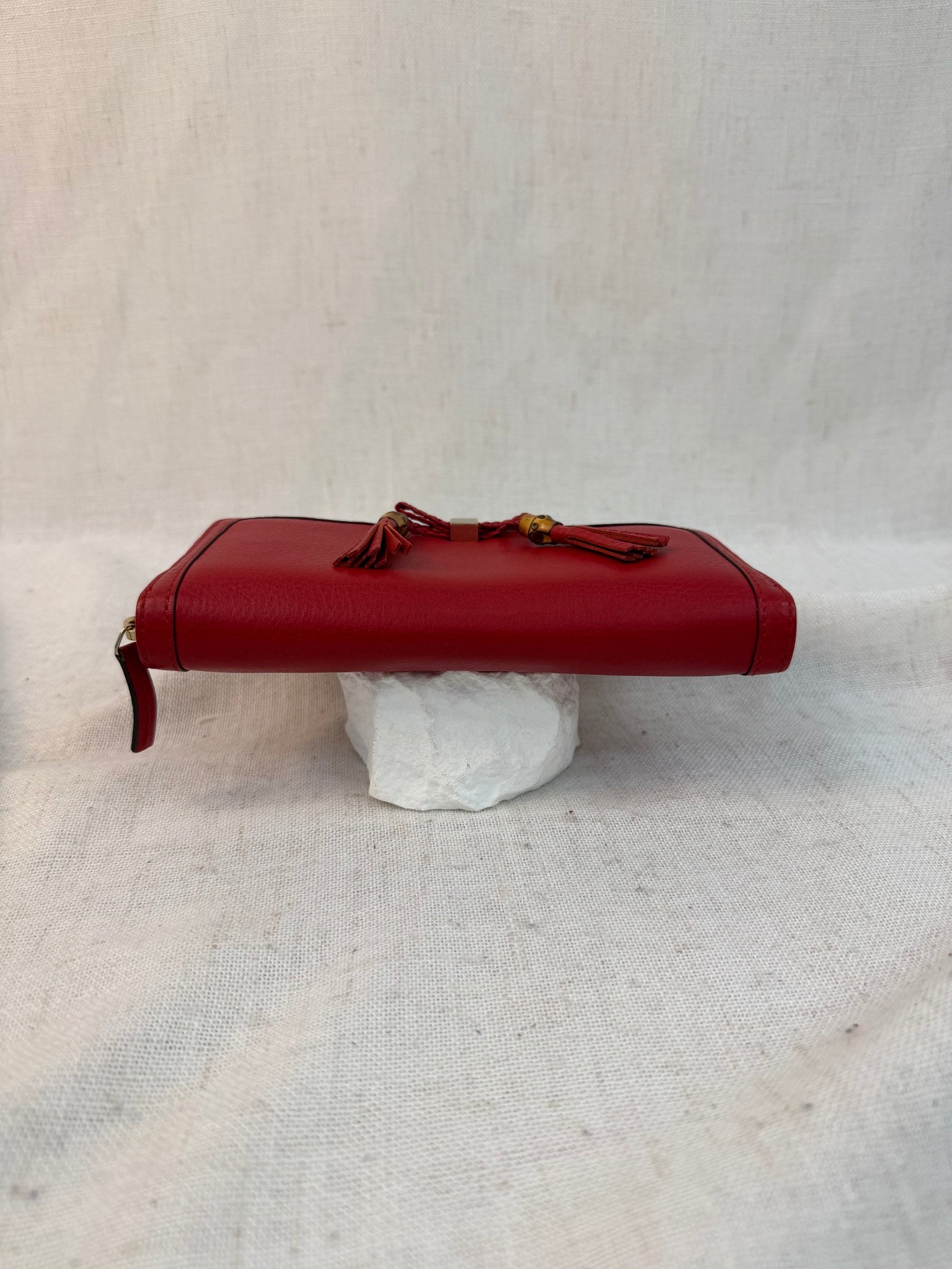 Gucci Red Leather Bamboo Tassel Zippy Wallet