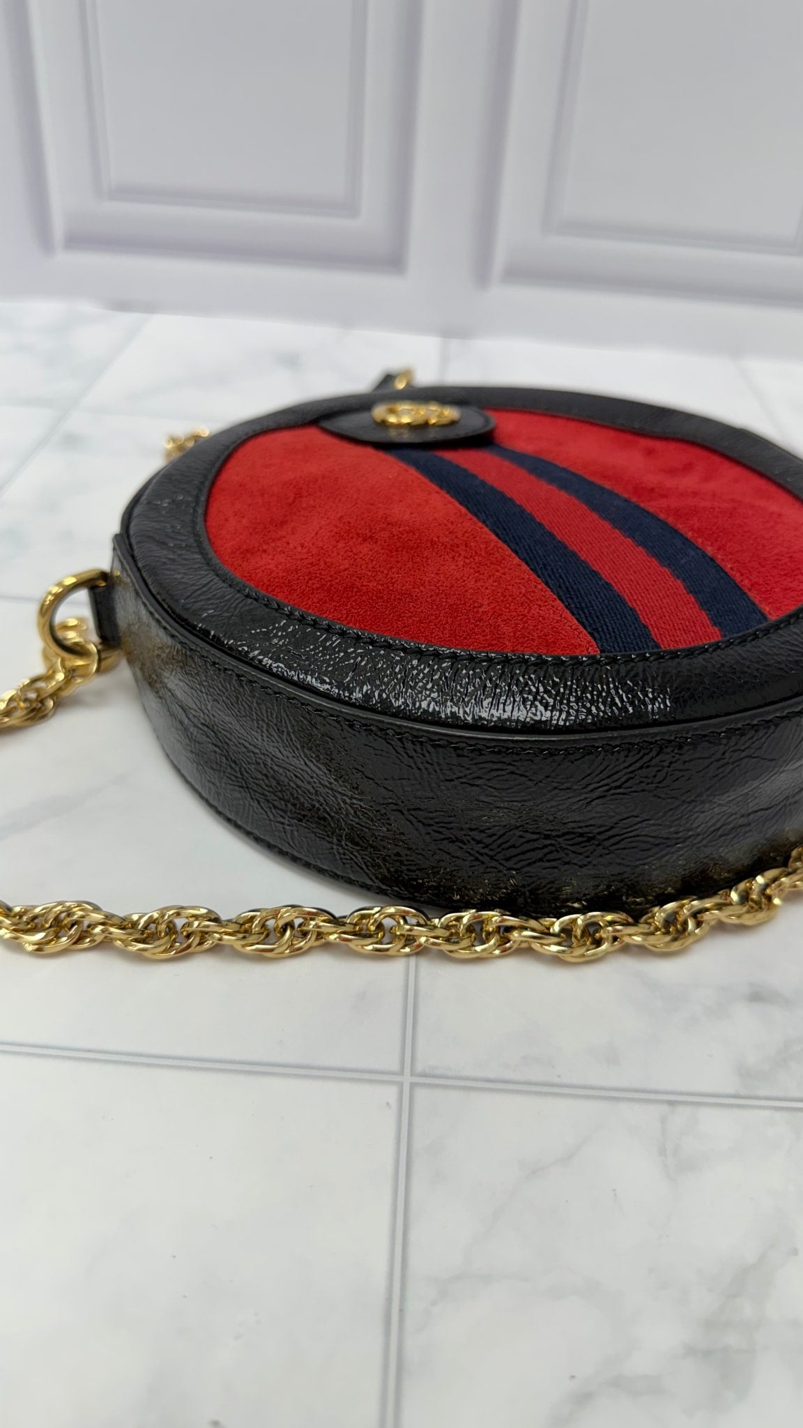 Gucci Red Suede & Black Patent Leather Round Marmont Mini Round Chain Bag