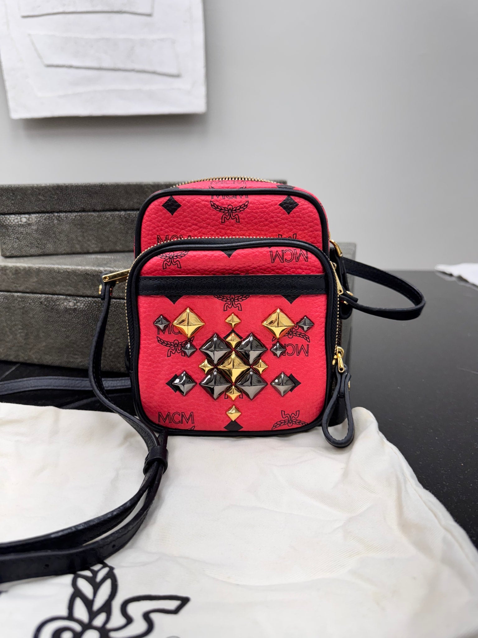 MCM Coral Visetos Grained Leather Studded Crossbody Bag