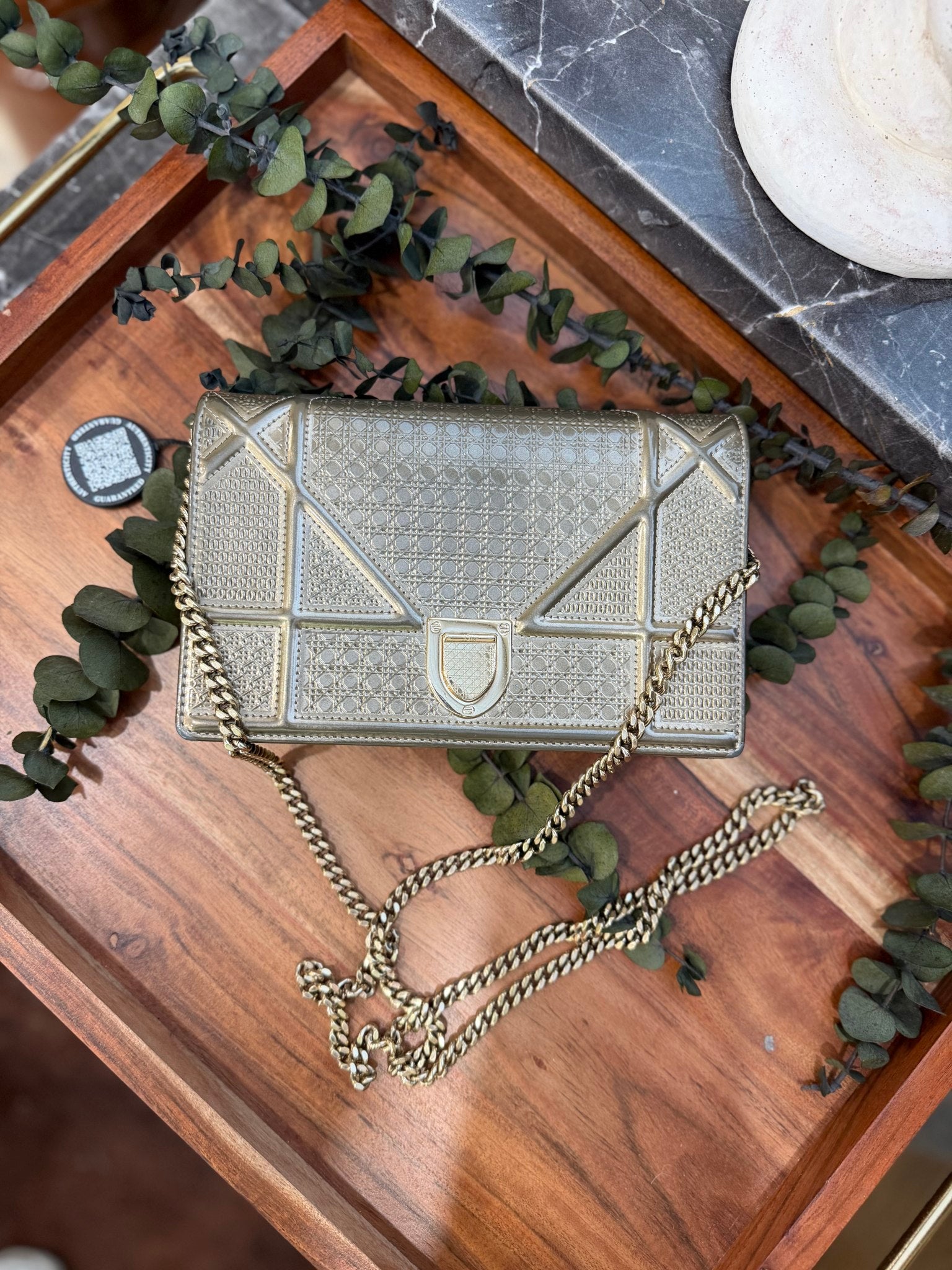 Christian Dior Bronze Patent Leather Microcannage Diorama Wallet on a Chain