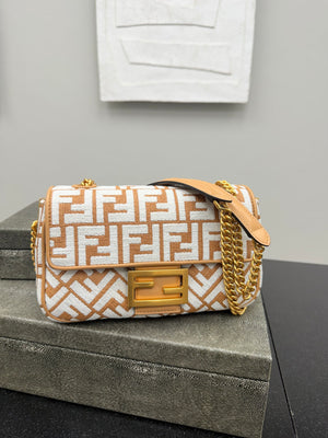 Fendi White And Tan Raffia And Leather Baguette Chain Midi Shoulder Bag
