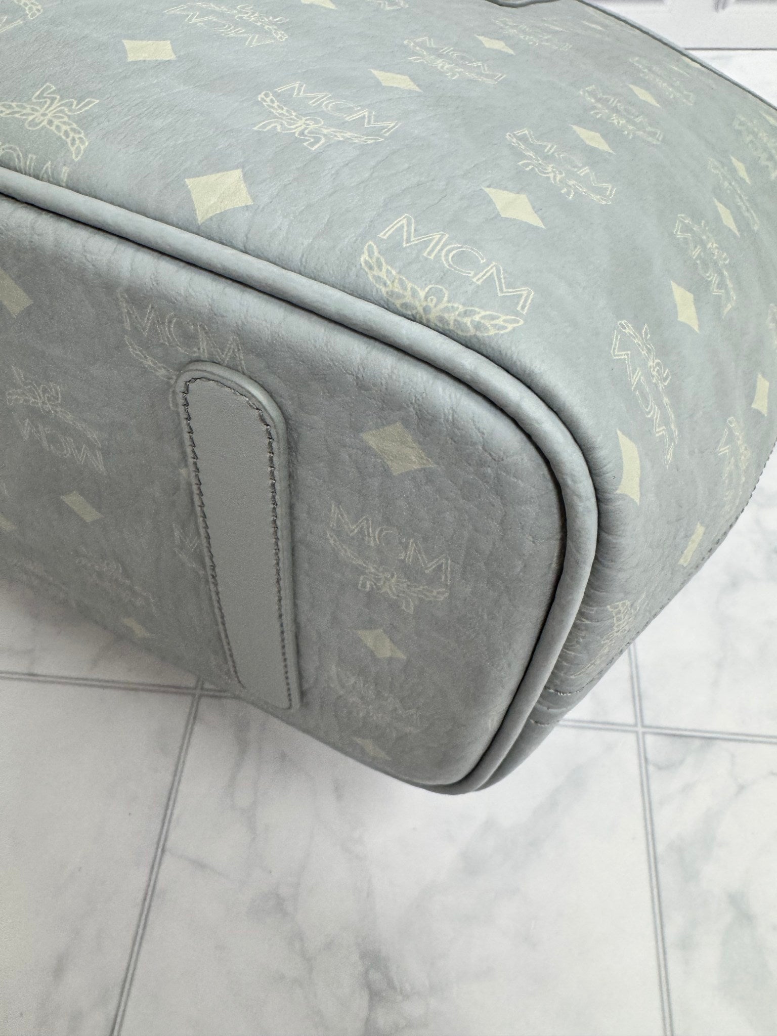 MCM Light Gray Visetos Monogram Shopper Tote Bag