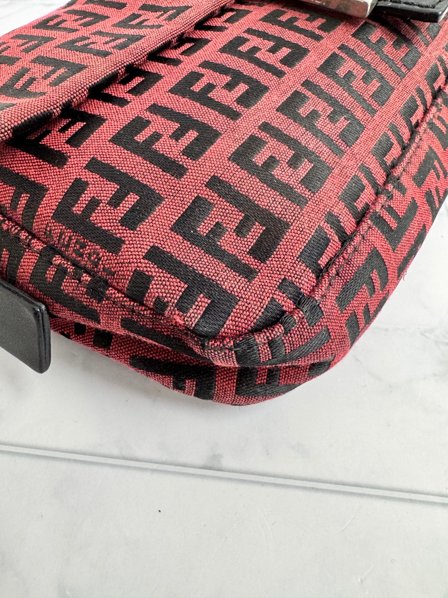 Fendi Red And Black Zucca FF Monogram Canvas Baguette Shoulder Bag