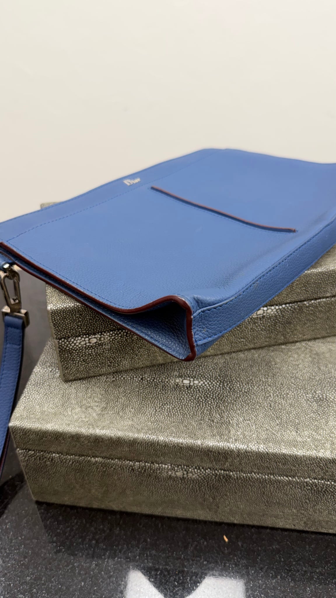 Christian Dior Blue Leather Zip Bee Wristlet