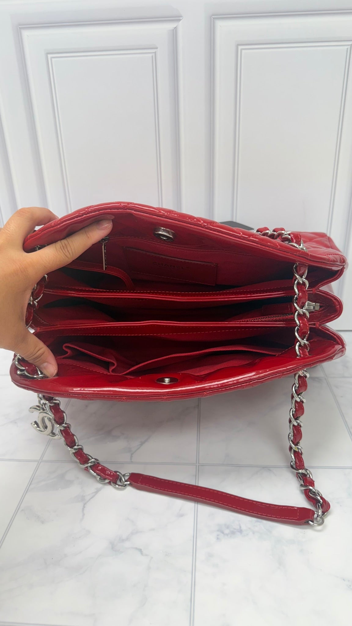 Chanel Red Patent Leather Mademoiselle Bowling Bag 