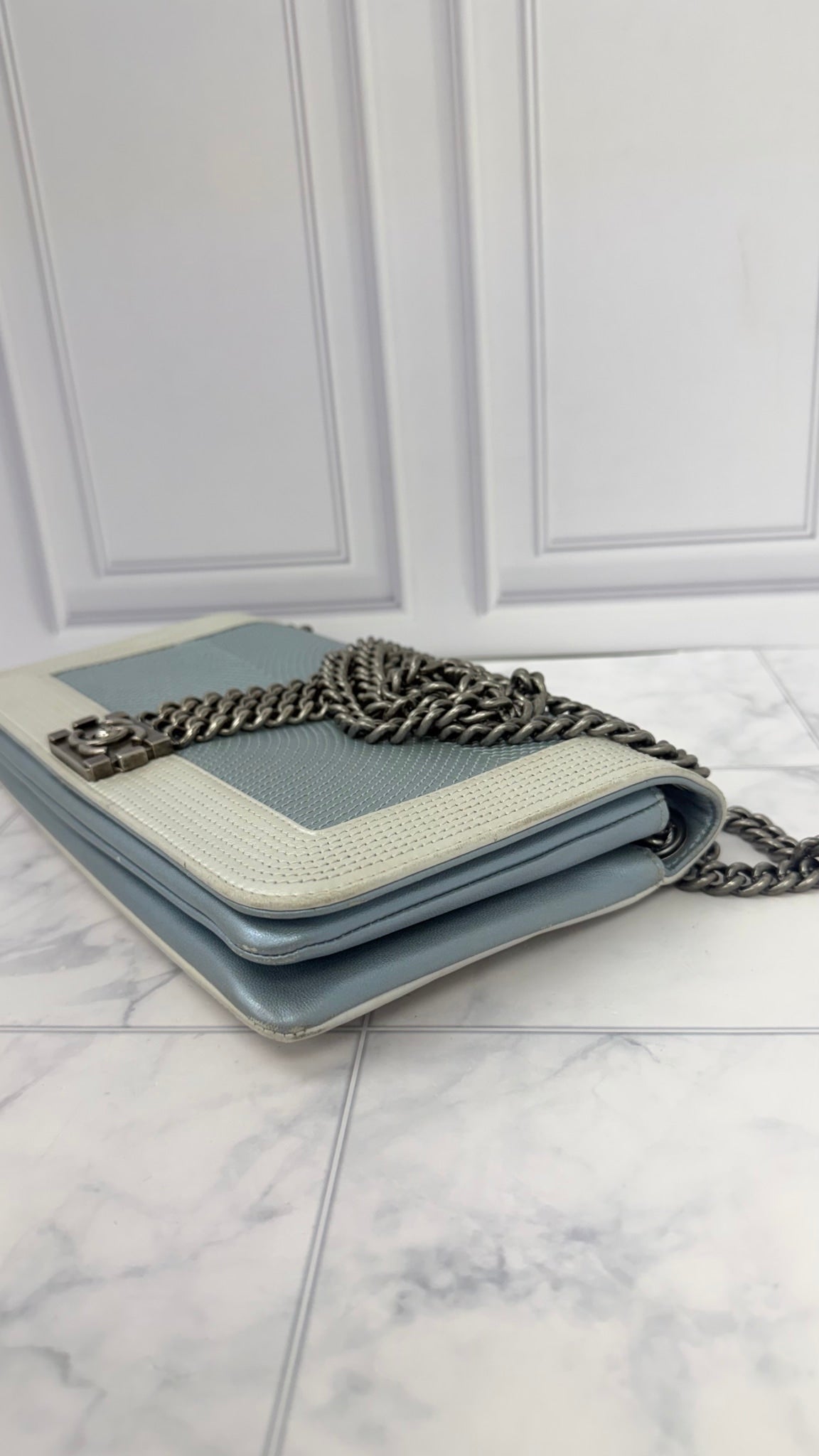 Chanel Blue And White Quilted Leather Rock Boy Flap Bag