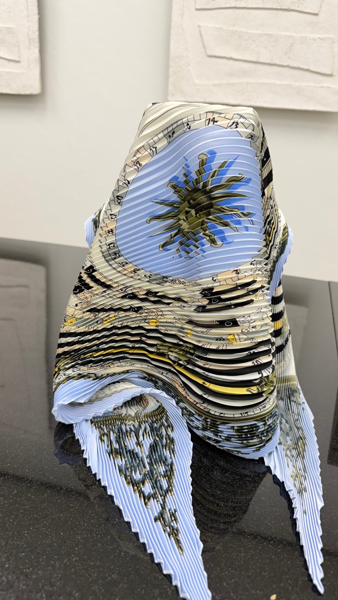 Hermes Blue Astres Et Soleils Plisse Pleated Silk Scarf