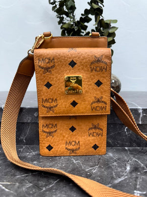 MCM Visetos Brown Leather Phone Case Crossbody
