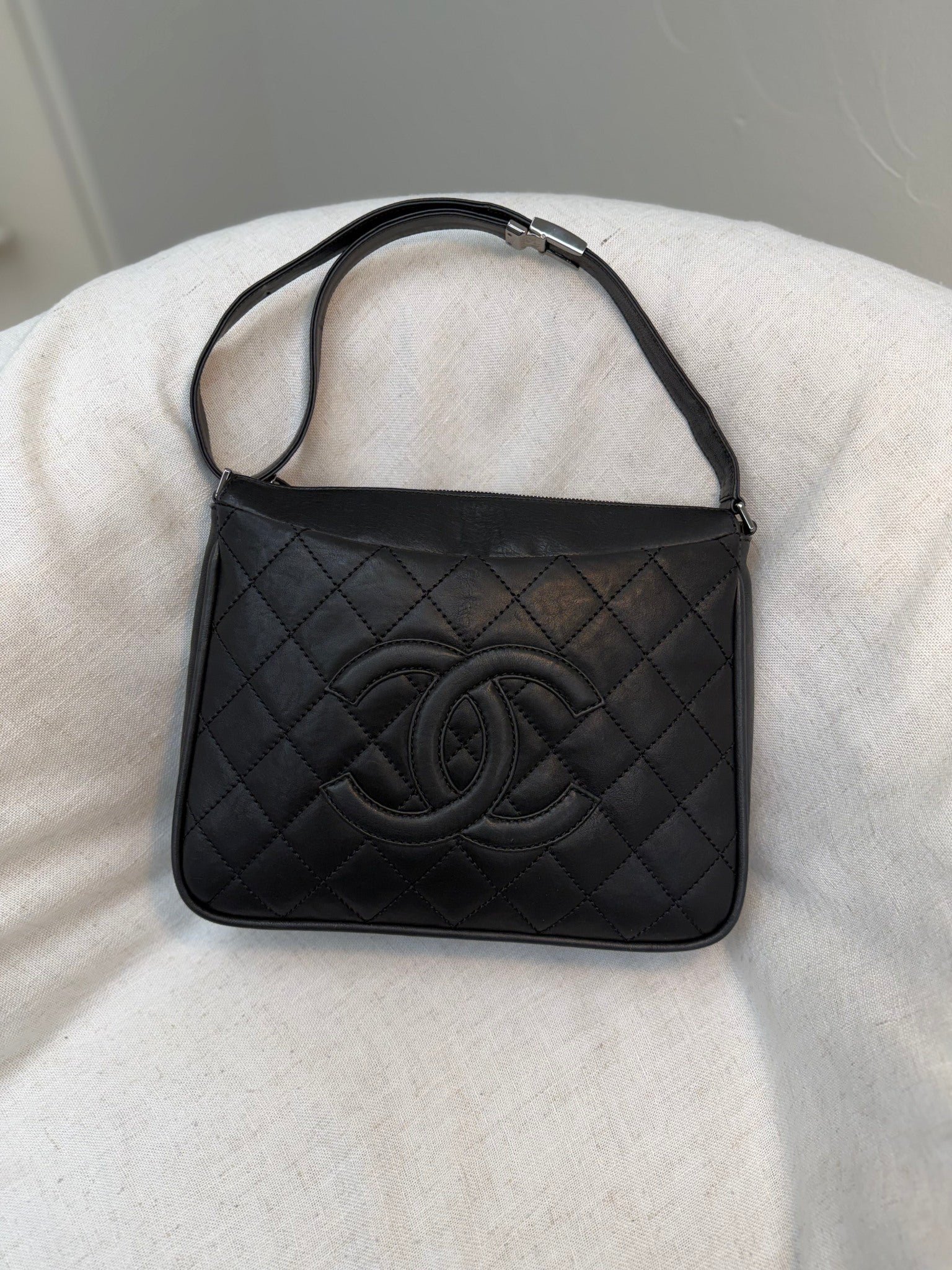 Chanel Vintage Black Quilted Lambskin Timeless CC Hobo Bag