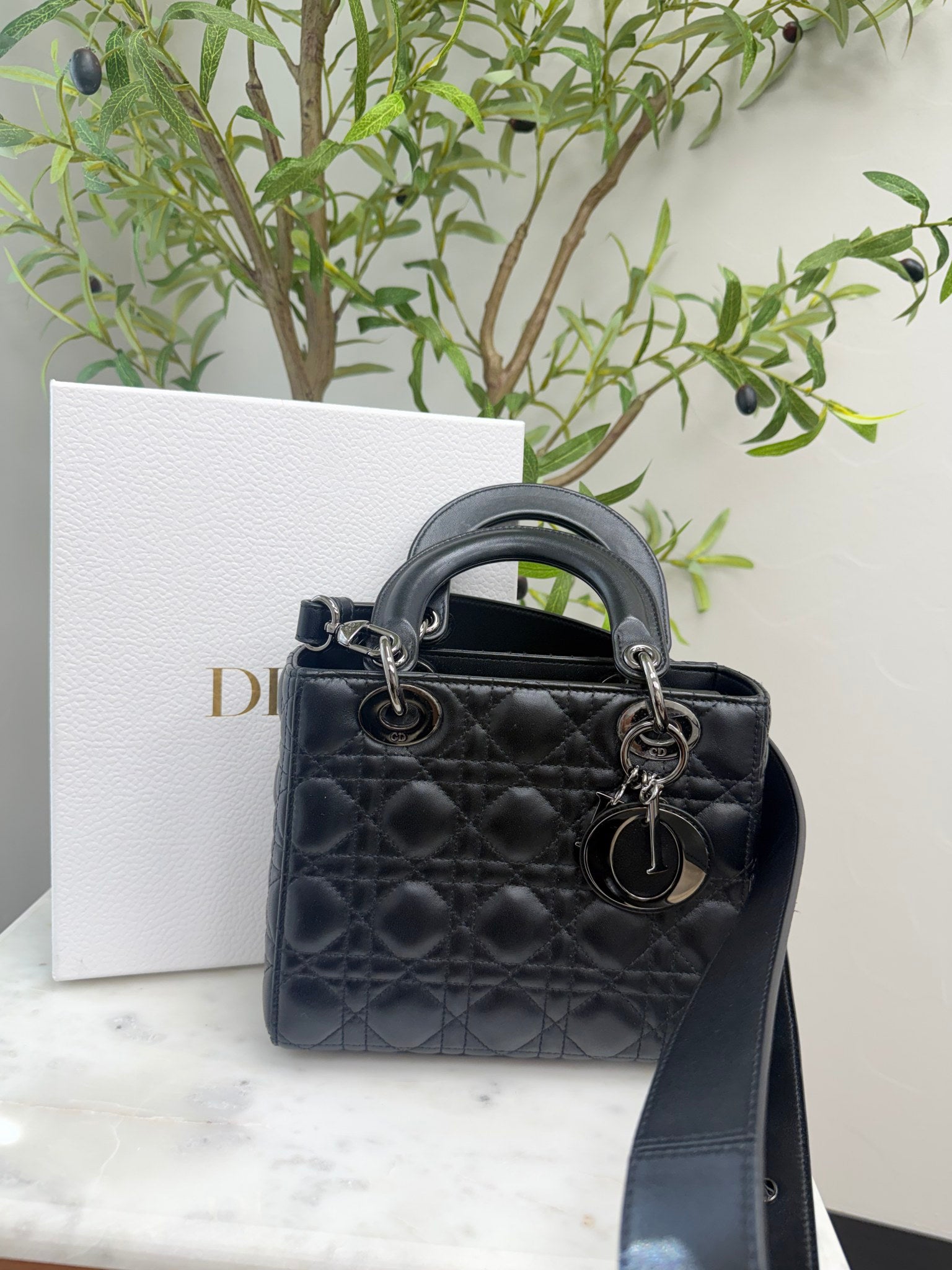Christian Dior Black Lambskin Leather Small Lady Dior Handbag 