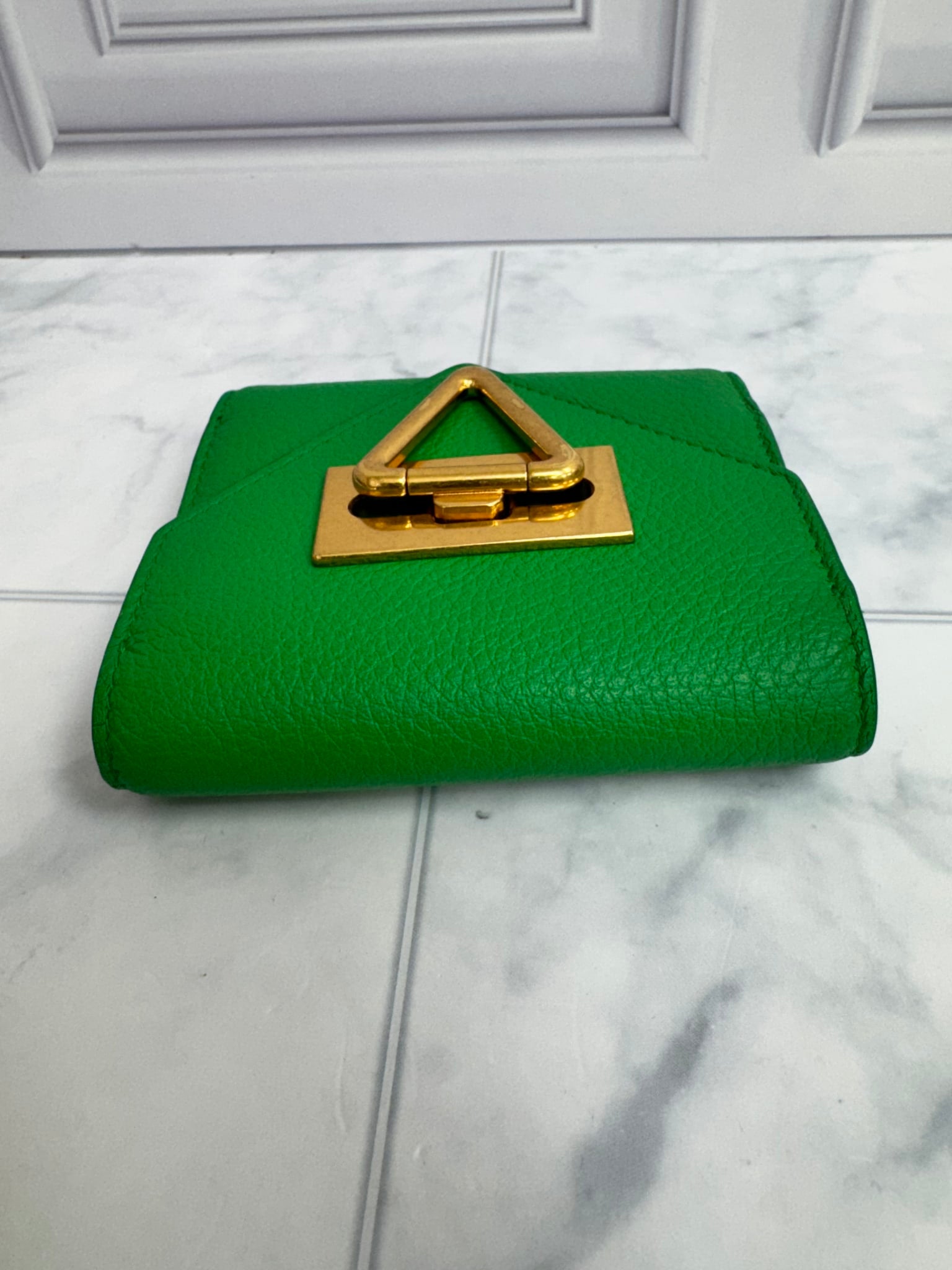Bottega Veneta Green Leather Triangle Compact Wallet