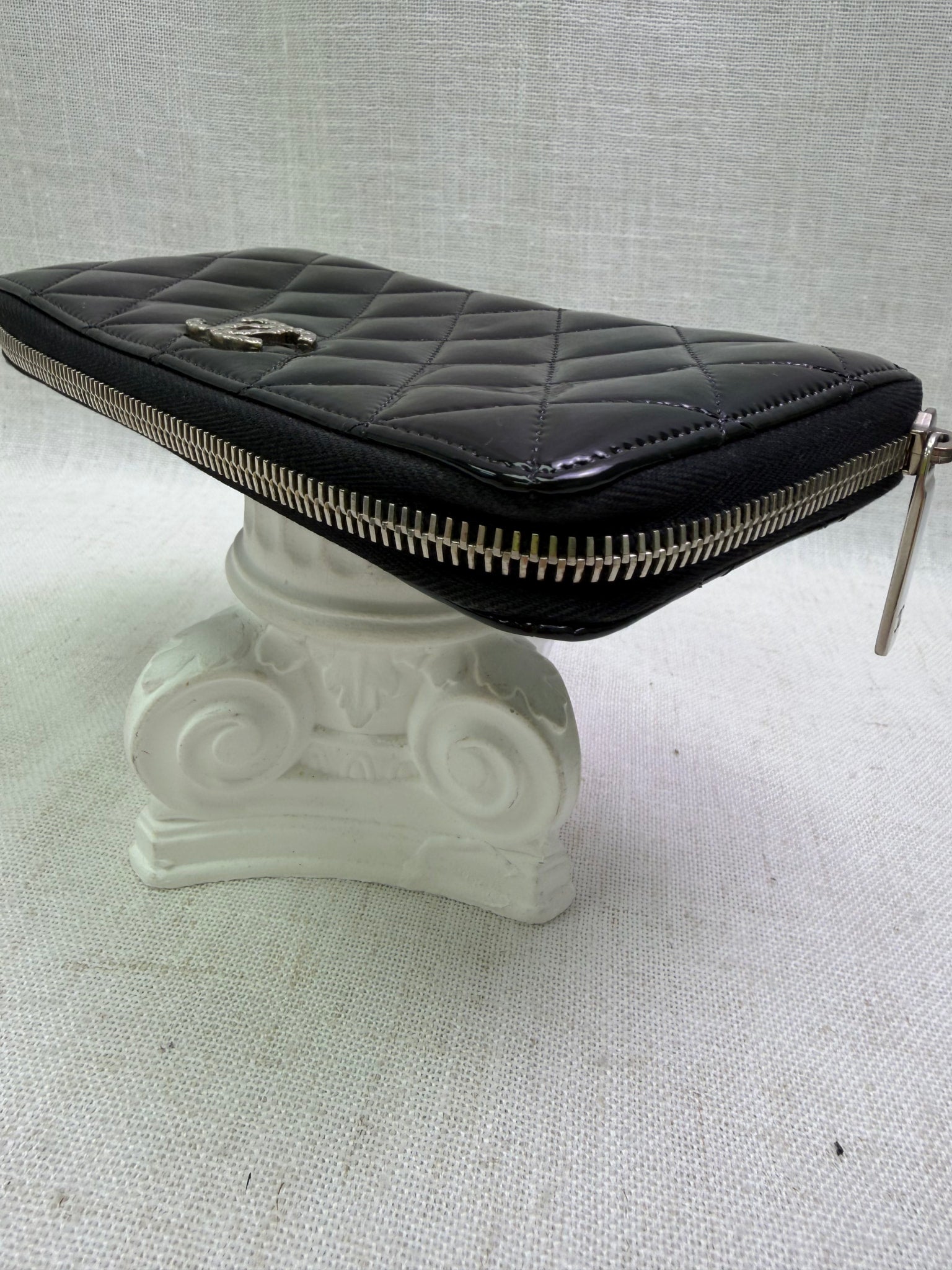 Chanel Black Quilted Patent Leather Zippy Wallet