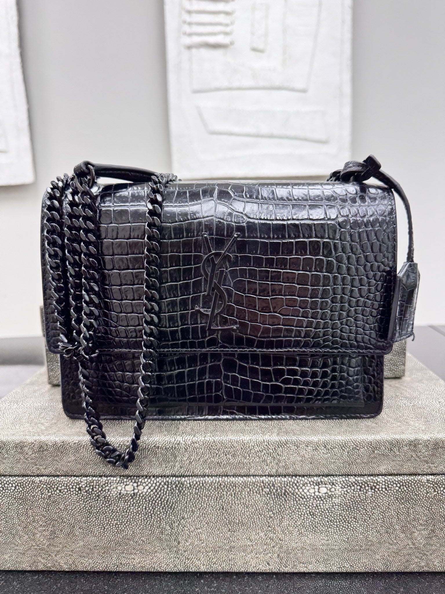 Saint Laurent YSL Black Croc Embossed Medium Sunset Bag