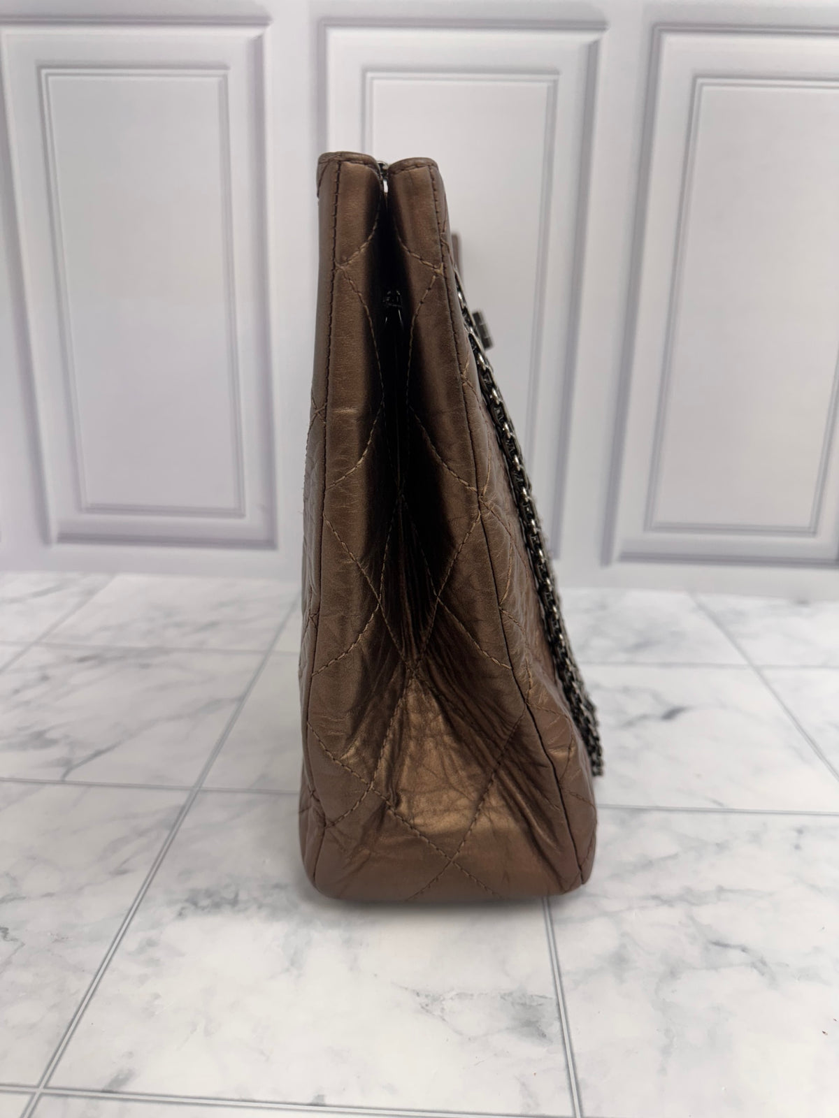 Chanel Metallic Bronze Quilted Aged Calfskin Leather Reissue 2.55 Medium Shopping Tote