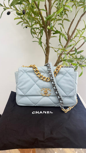 Chanel Light Blue Lambskin Leather Large Chanel 19 Flap Bag