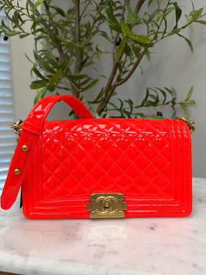 Chanel Neon Orange Quilted Patent Leather Medium Boy Bag