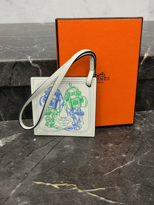 Hermes White Bleu Royal Bambou Swift Carre Nano Bag Charm