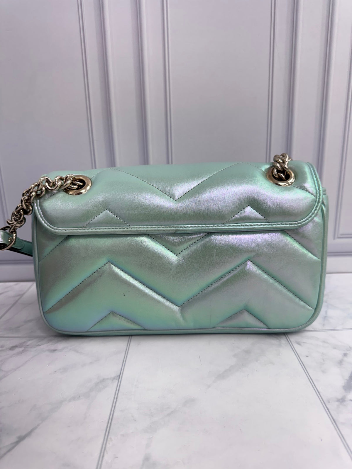 Gucci Iridescent Salvy Green GG Marmont Small Matelasse Shoulder Bag