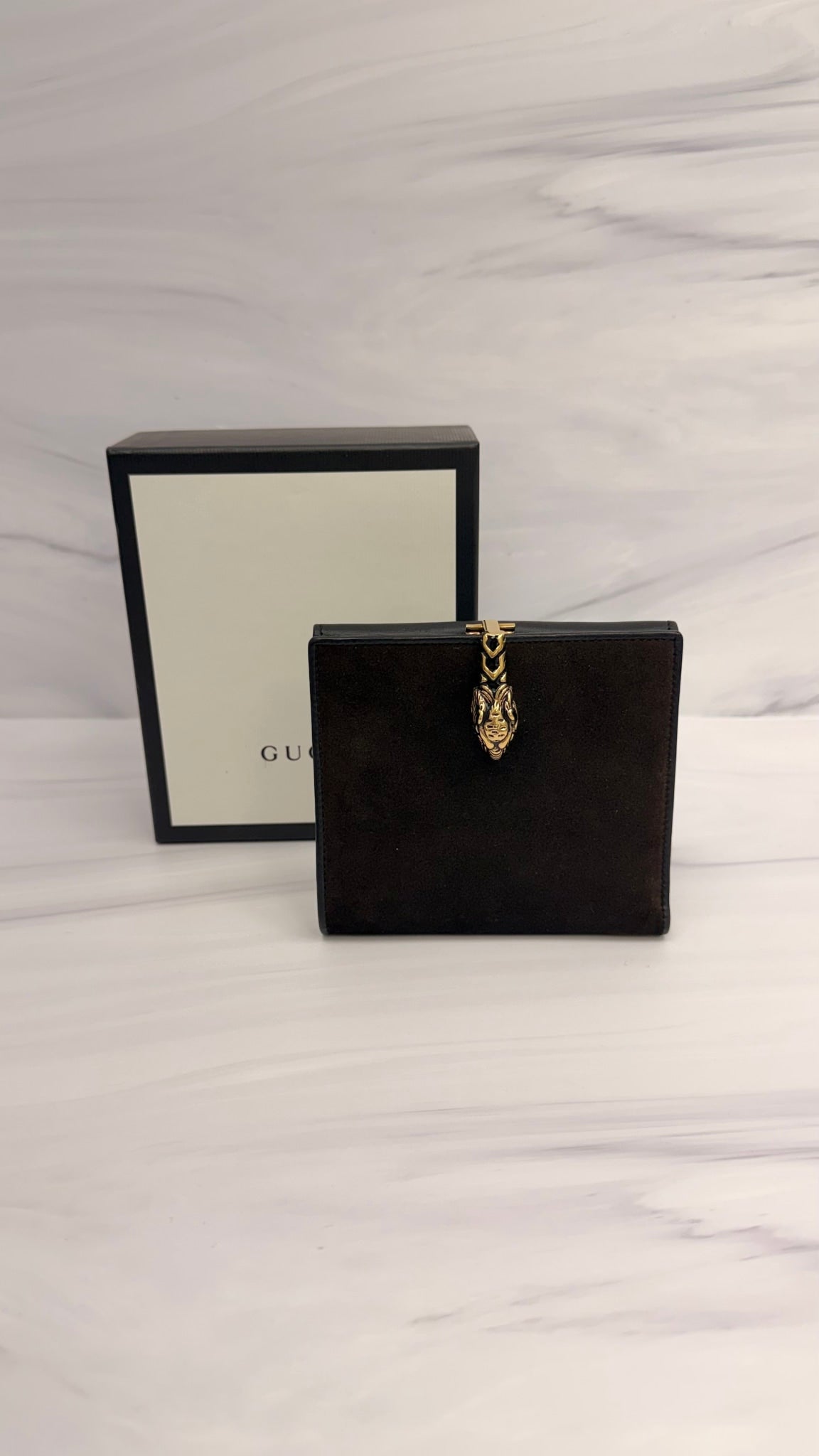 Gucci Brown Suede Leather Tiger Head Compact Wallet 
