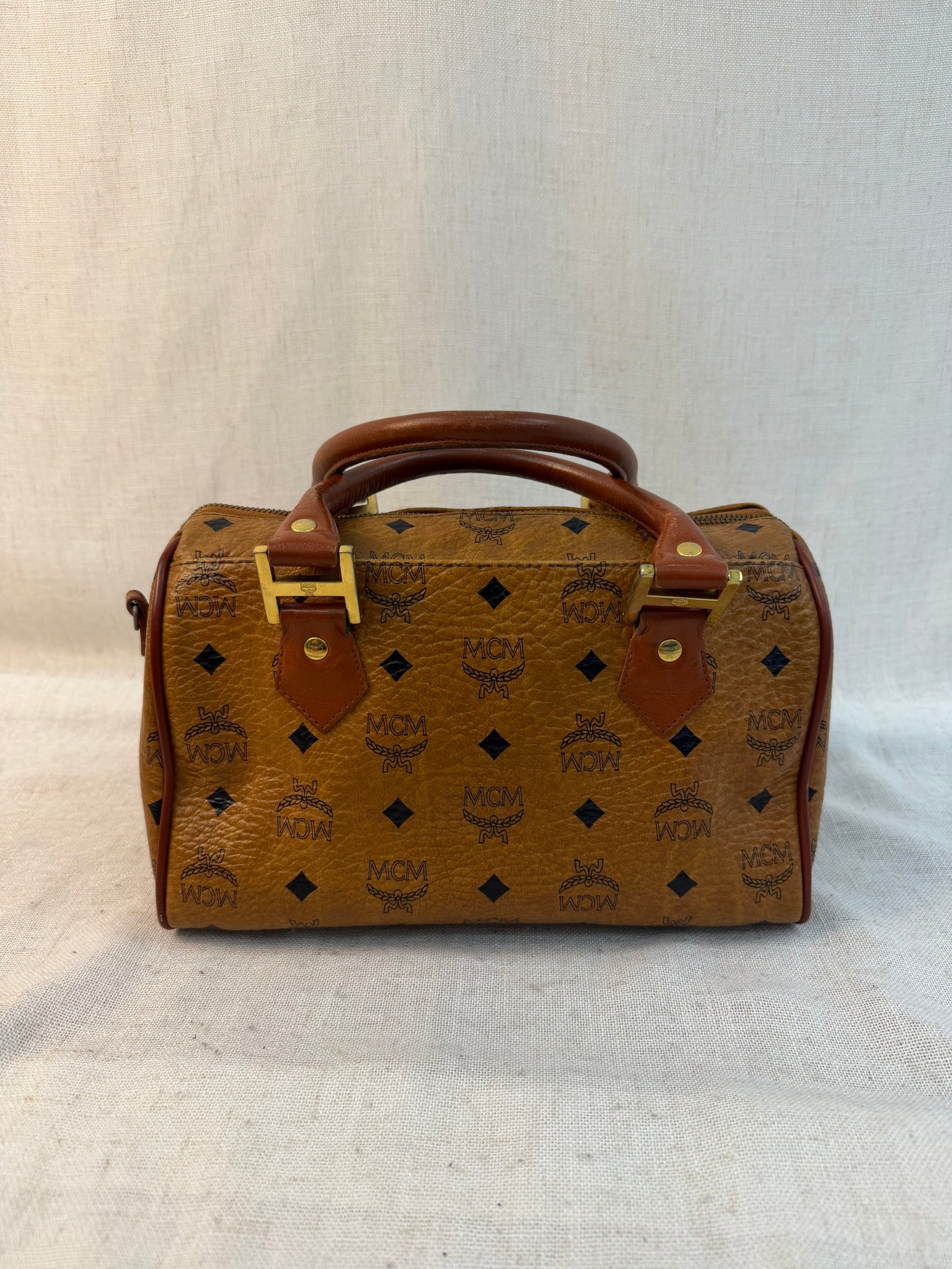 MCM Brown Coated Canvas Boston Bag