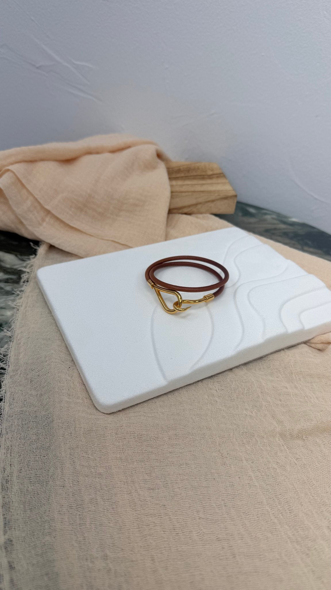 Hermes Brown Leather Jumbo Hook Double Wrap Bracelet