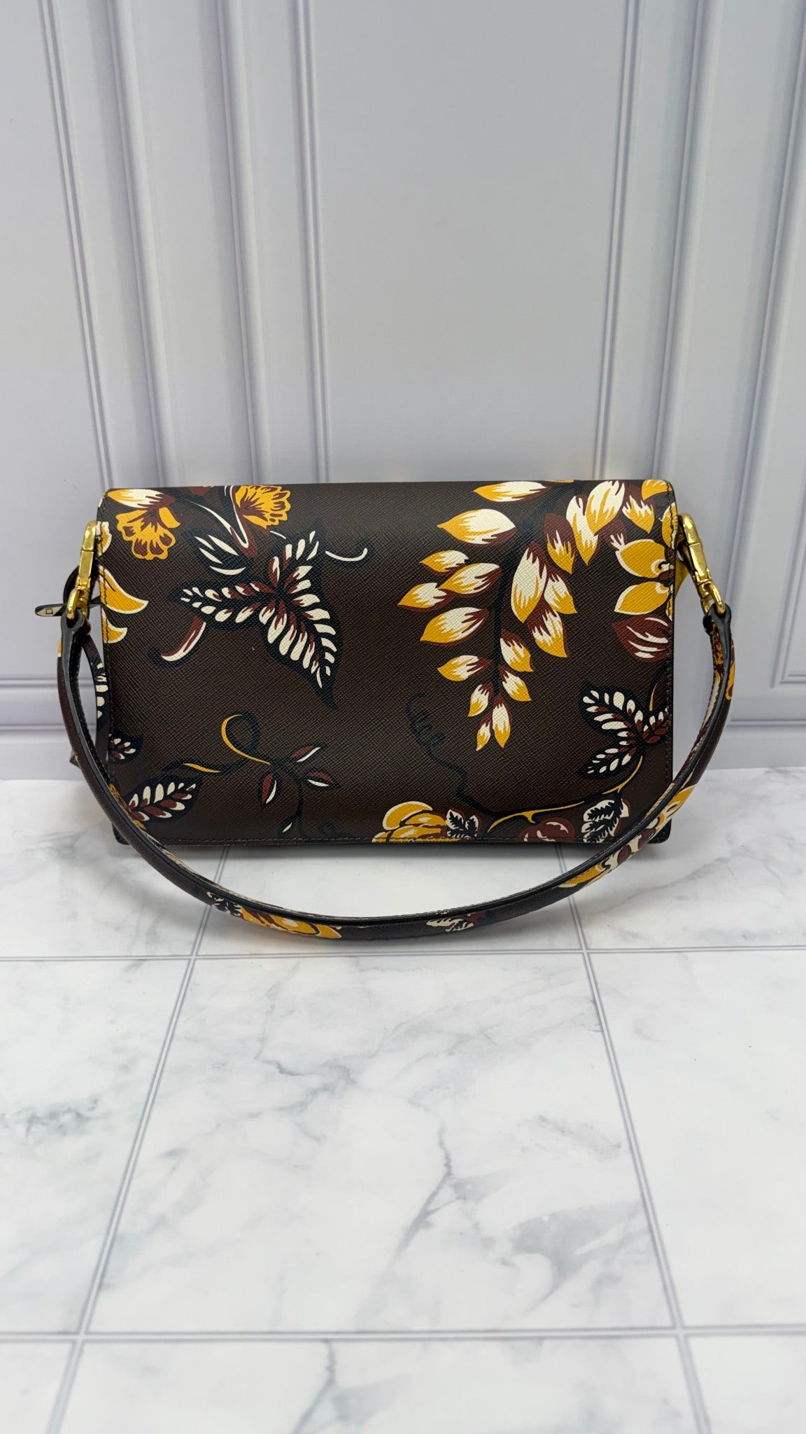Prada Brown & Yellow Printed Floral Saffiano Leather Shoulder Bag