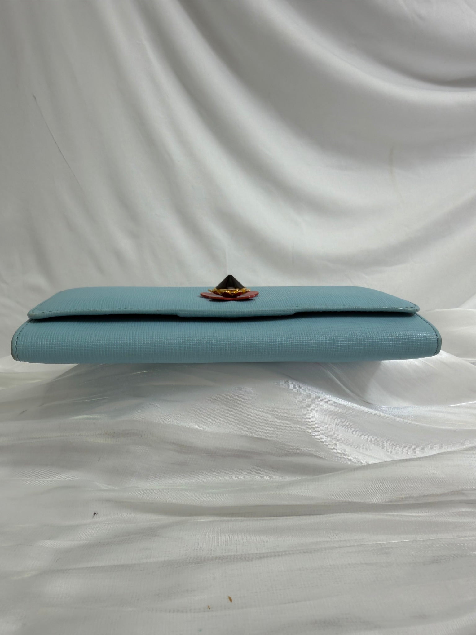 Fendi Light Blue Leather Flower Continental Wallet