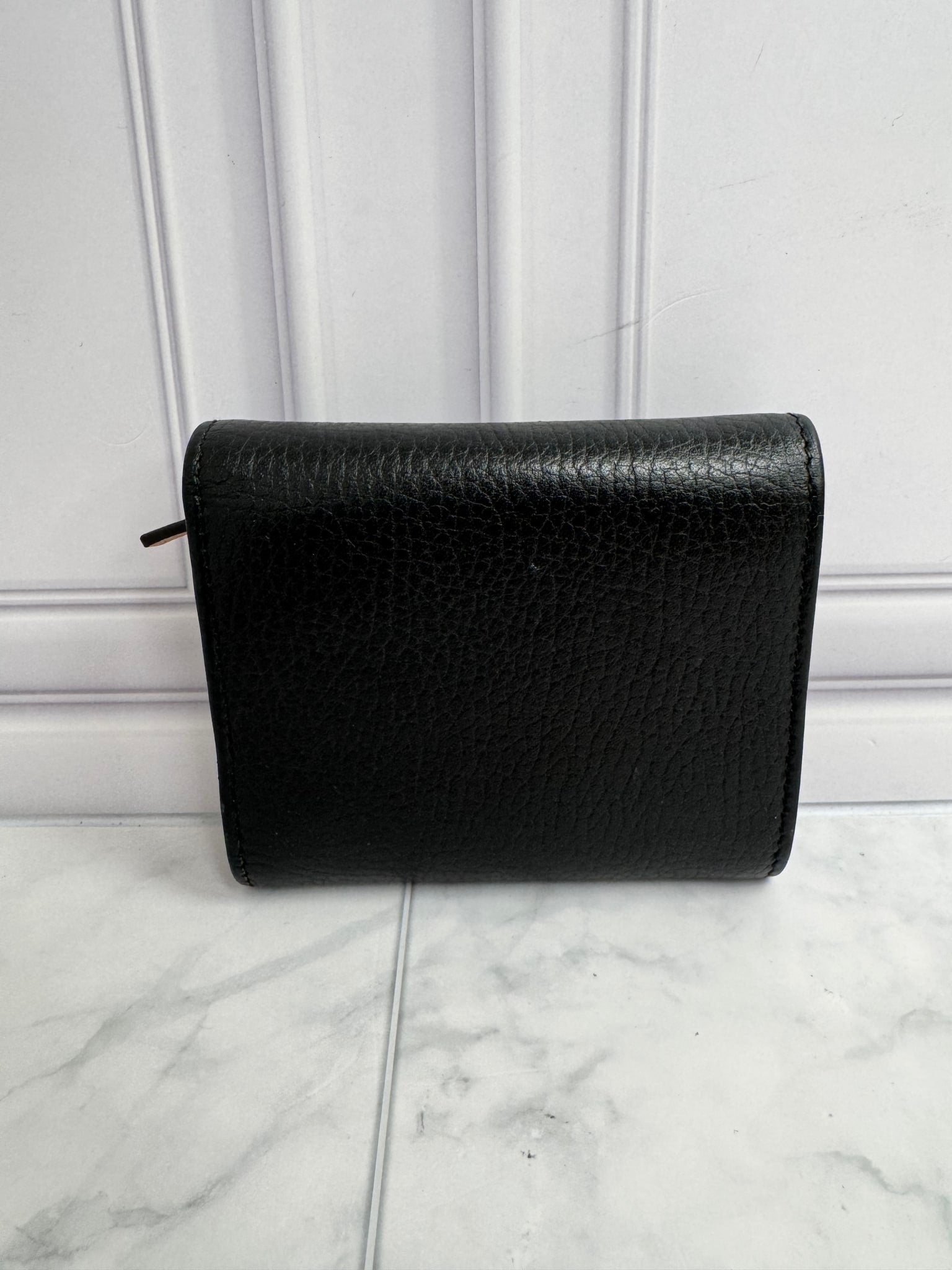 Gucci Black Grained Leather GG Marmont Bow Compact Wallet