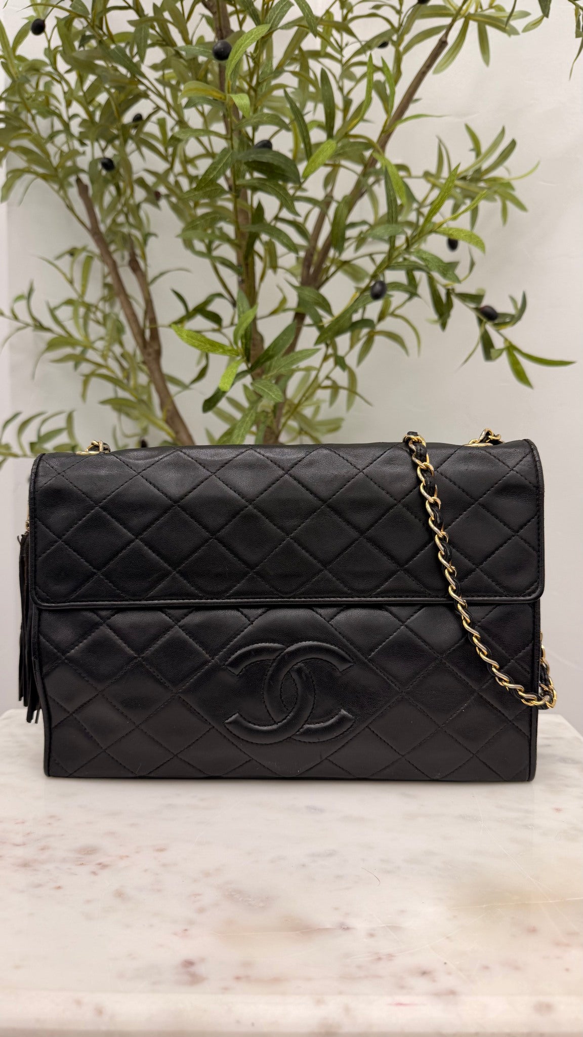 Chanel Black Quilted Lambskin CC Tassel Large Flap Bag