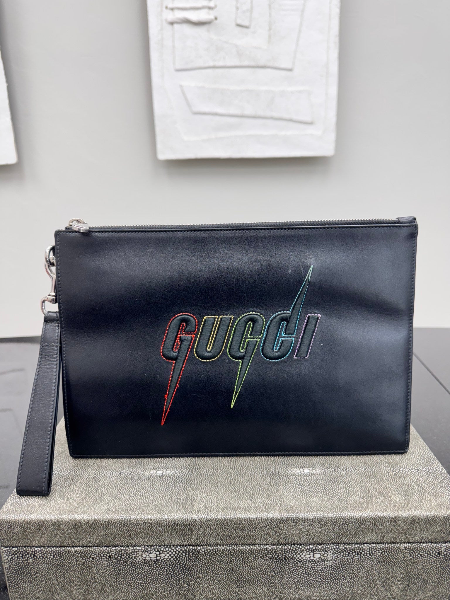 Gucci Black Leather Blade Wristlet Pouch