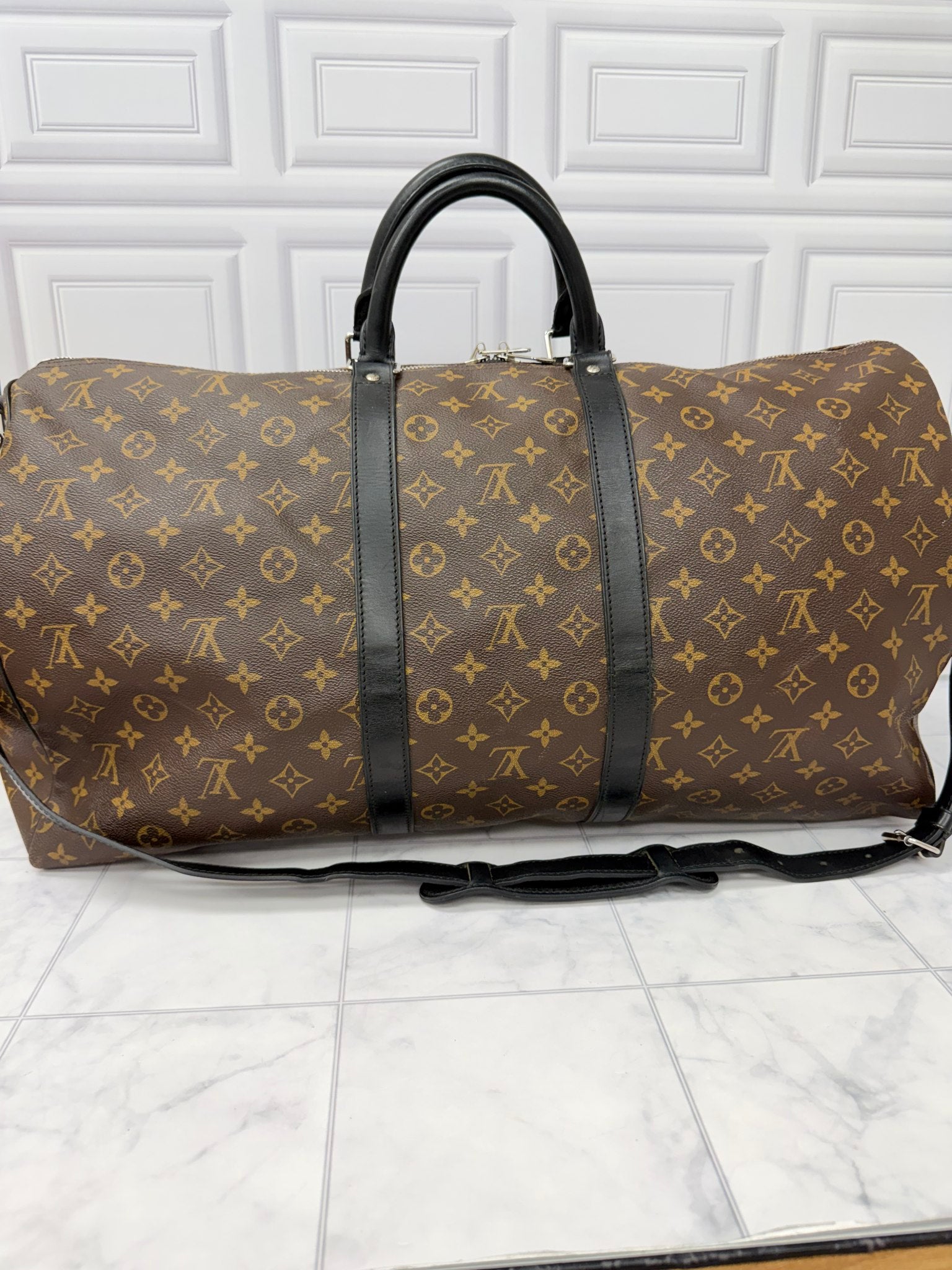 Louis Vuitton Monogram And Black Leather Keepall 55 Bandouliere