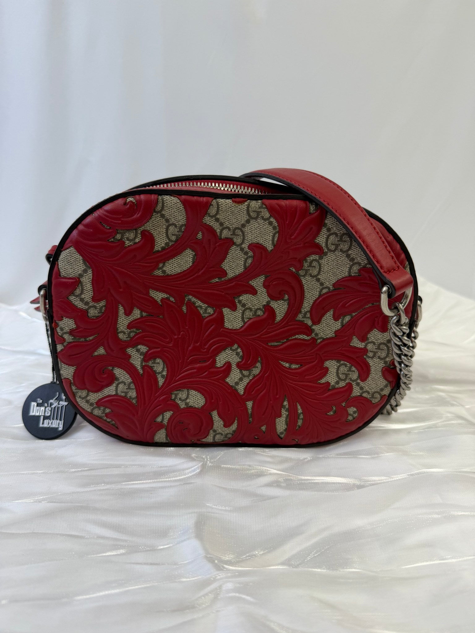 Gucci Red And GG Print Arabesque Chain Crossbody Bag