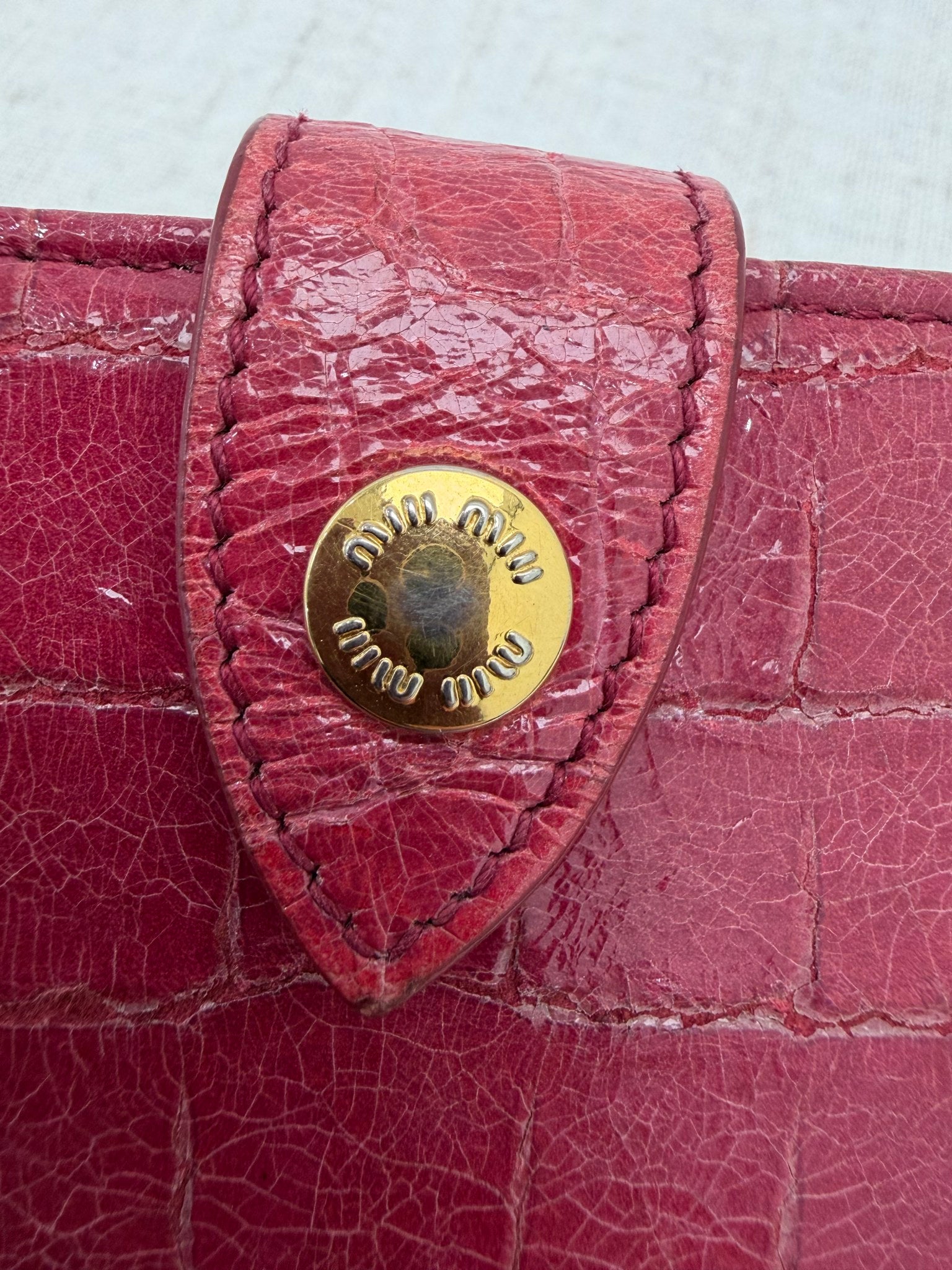 Miu Miu Dark Pink Crocodile Embossed Kiss Lock Wallet