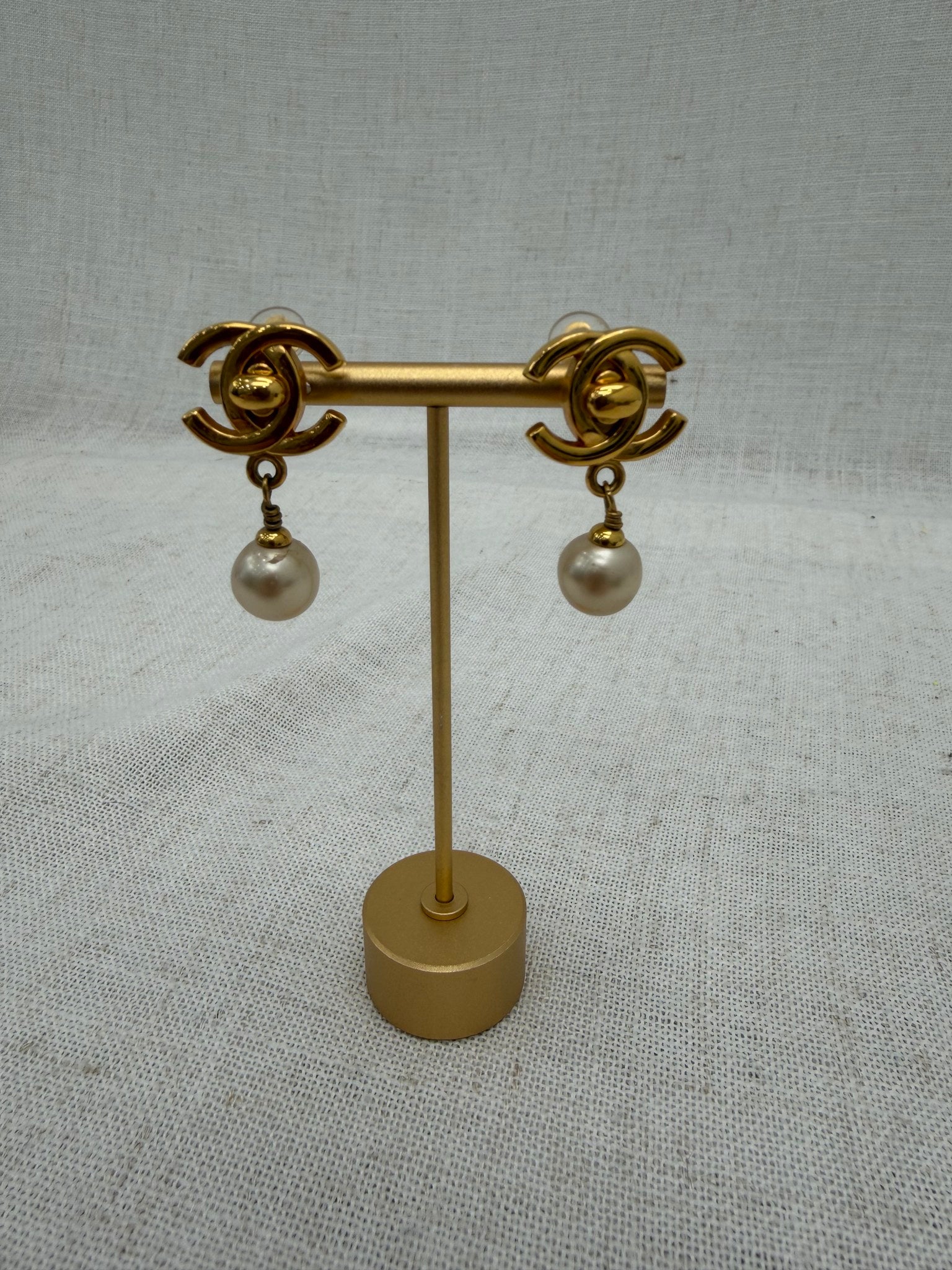 Chanel Vintage Gold Tone & Faux Pearl Turn Lock Clip On Earrings