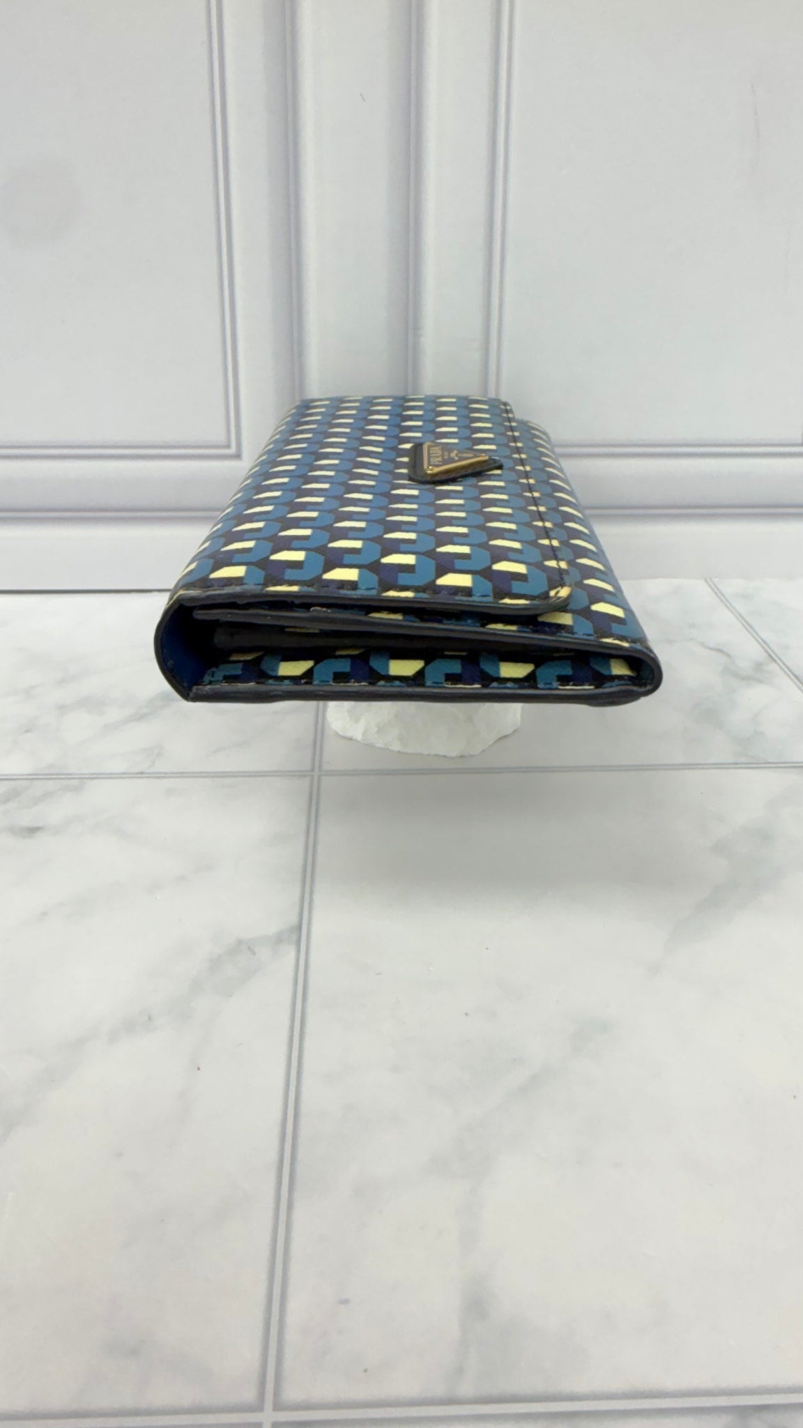 Prada Blue Multicolor Saffiano Leather Geometric Print Long Wallet 