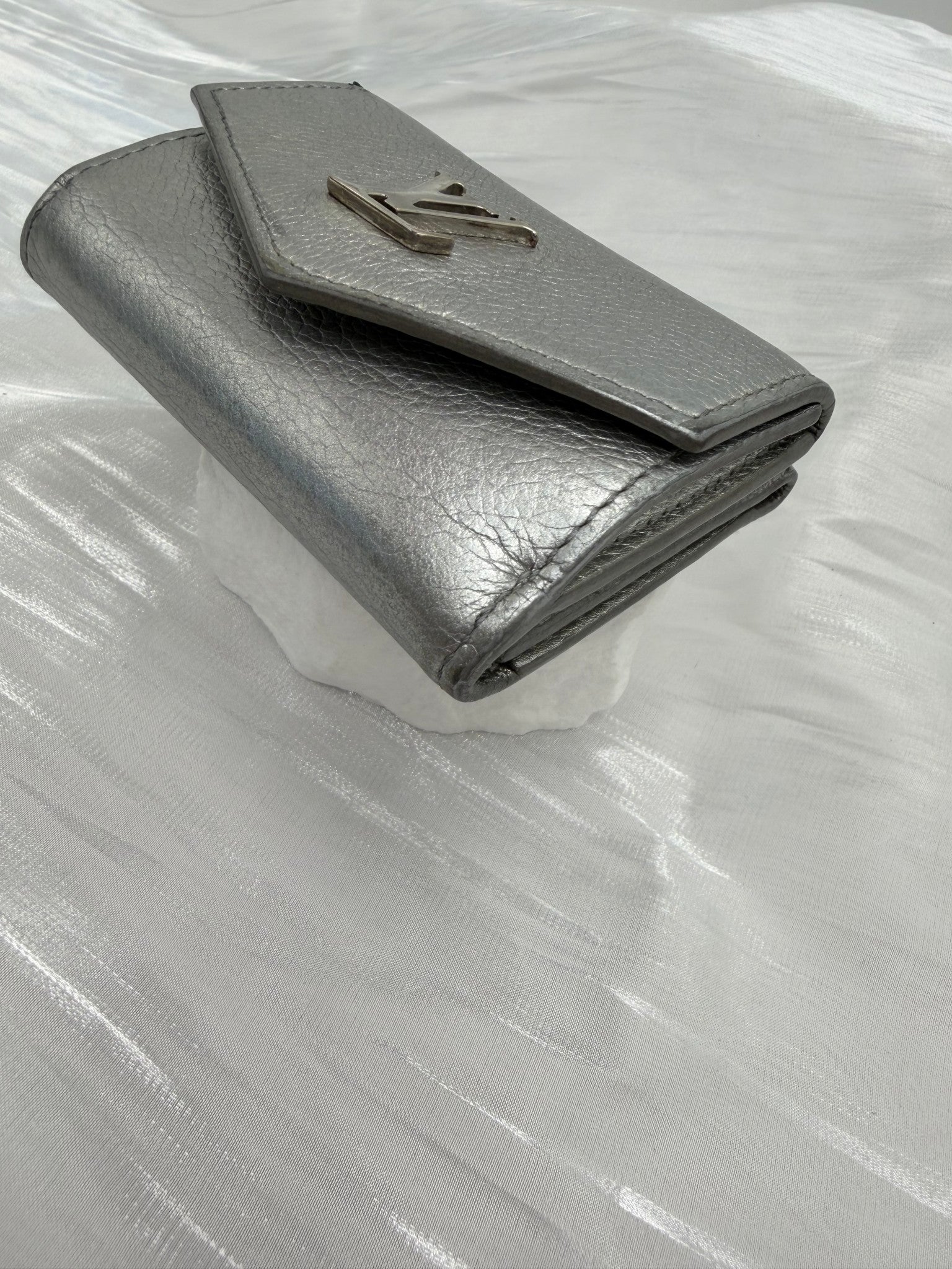 Louis Vuitton Silver Leather Mini Lockme Compact Trifold Wallet