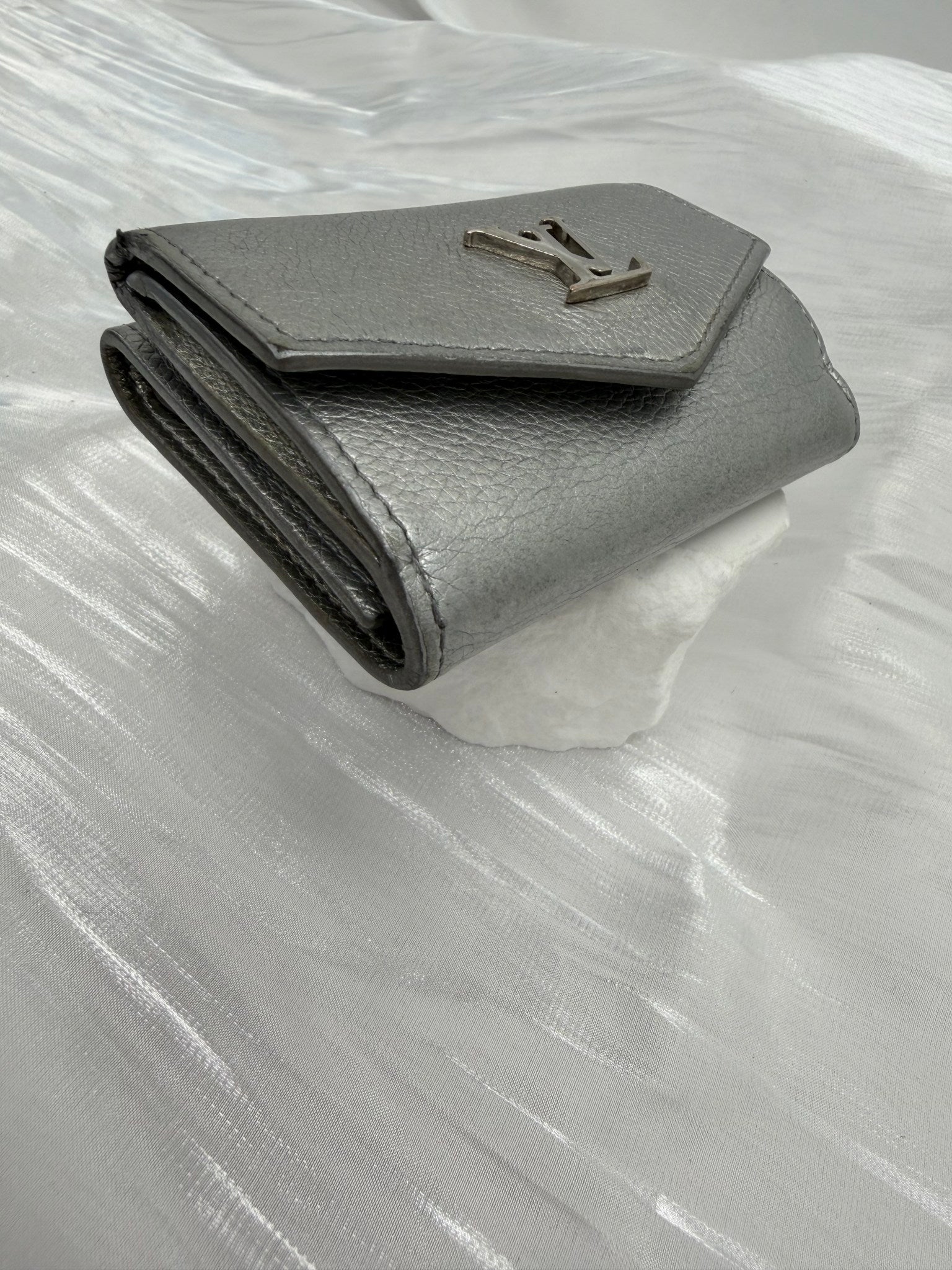 Louis Vuitton Silver Leather Mini Lockme Compact Trifold Wallet