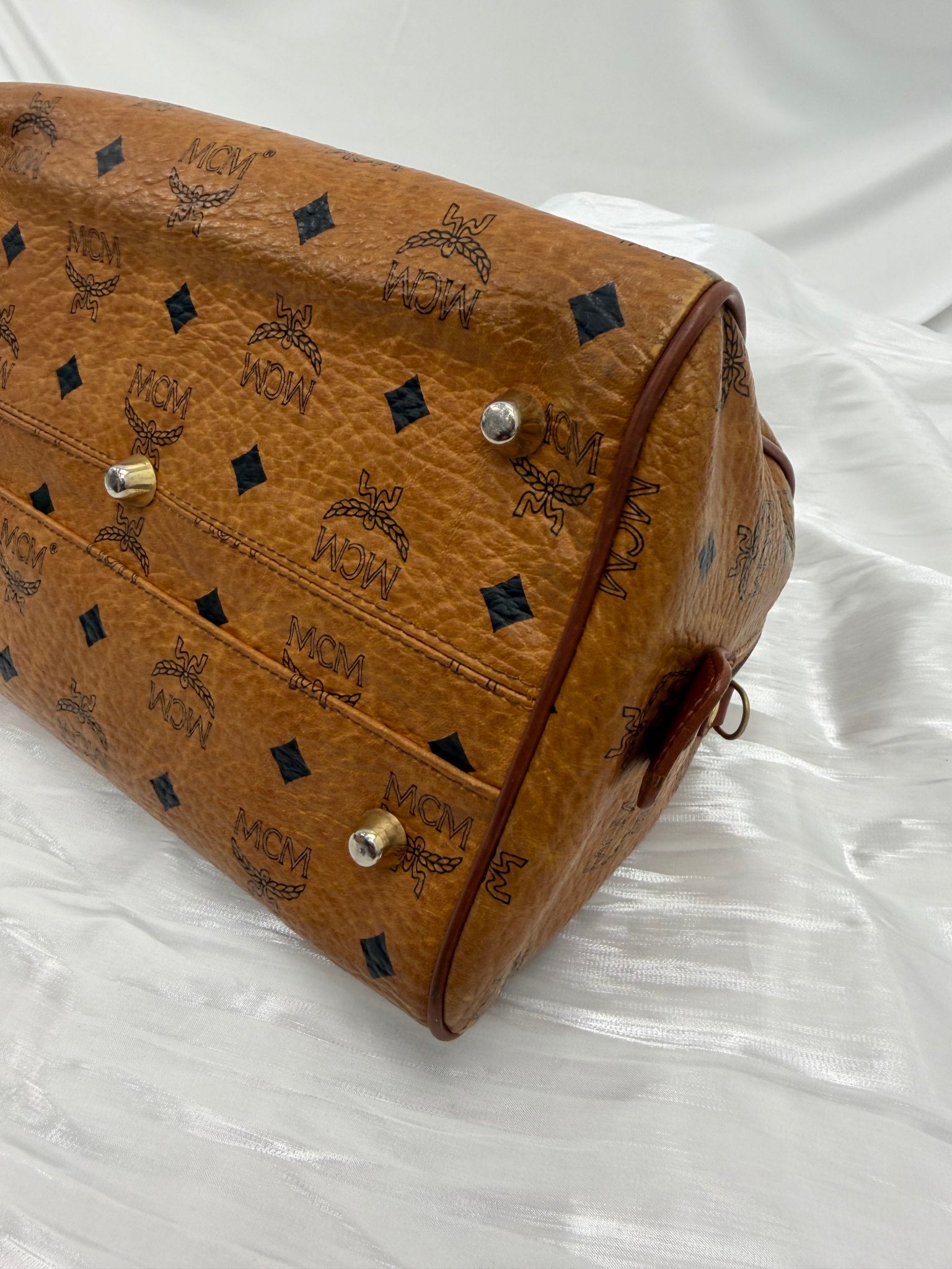 MCM Cognac Visetos Coated Canvas Small Heritage Boston Bag