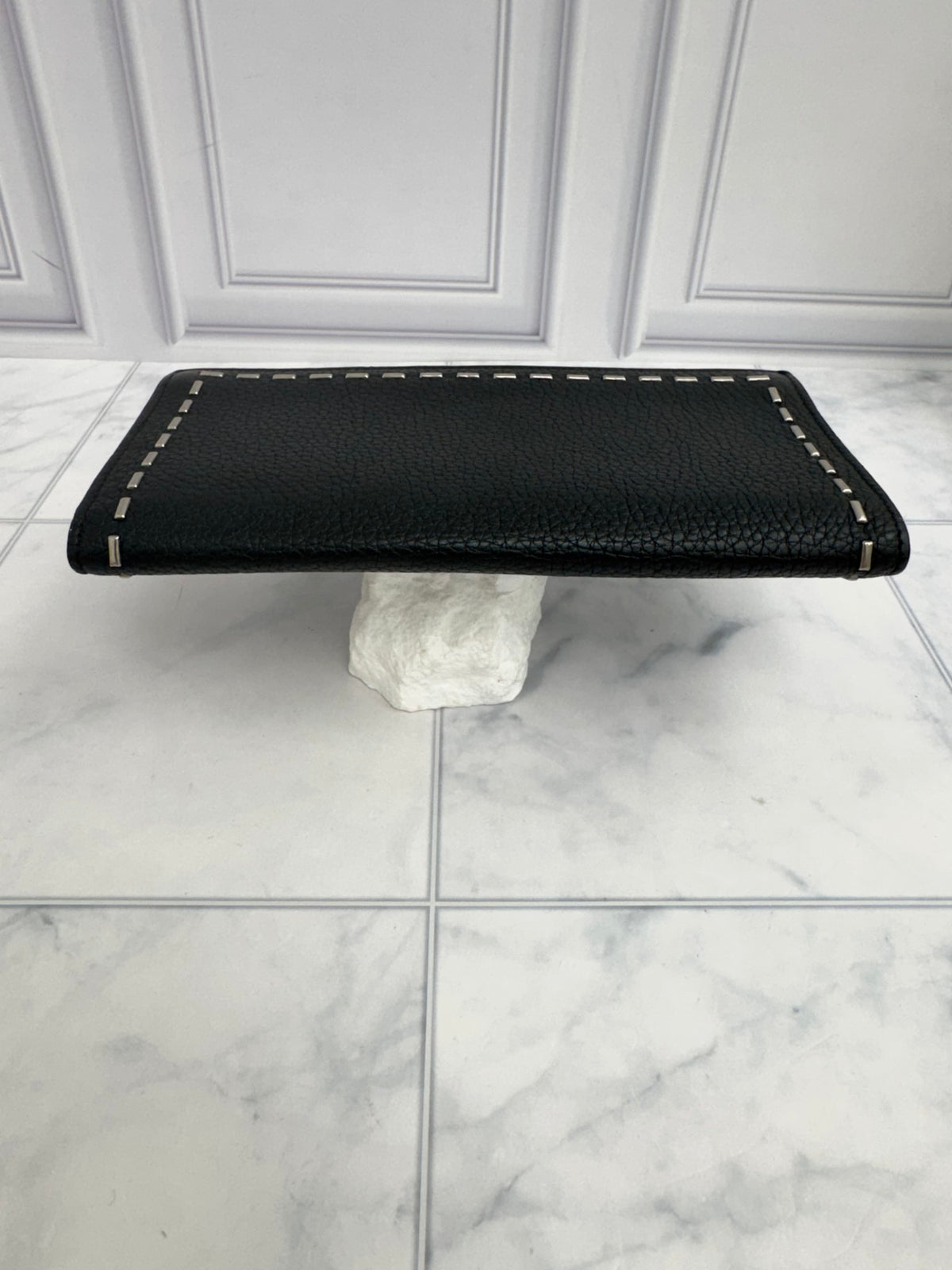 Fendi Black Grained Leather Studded Long Wallet