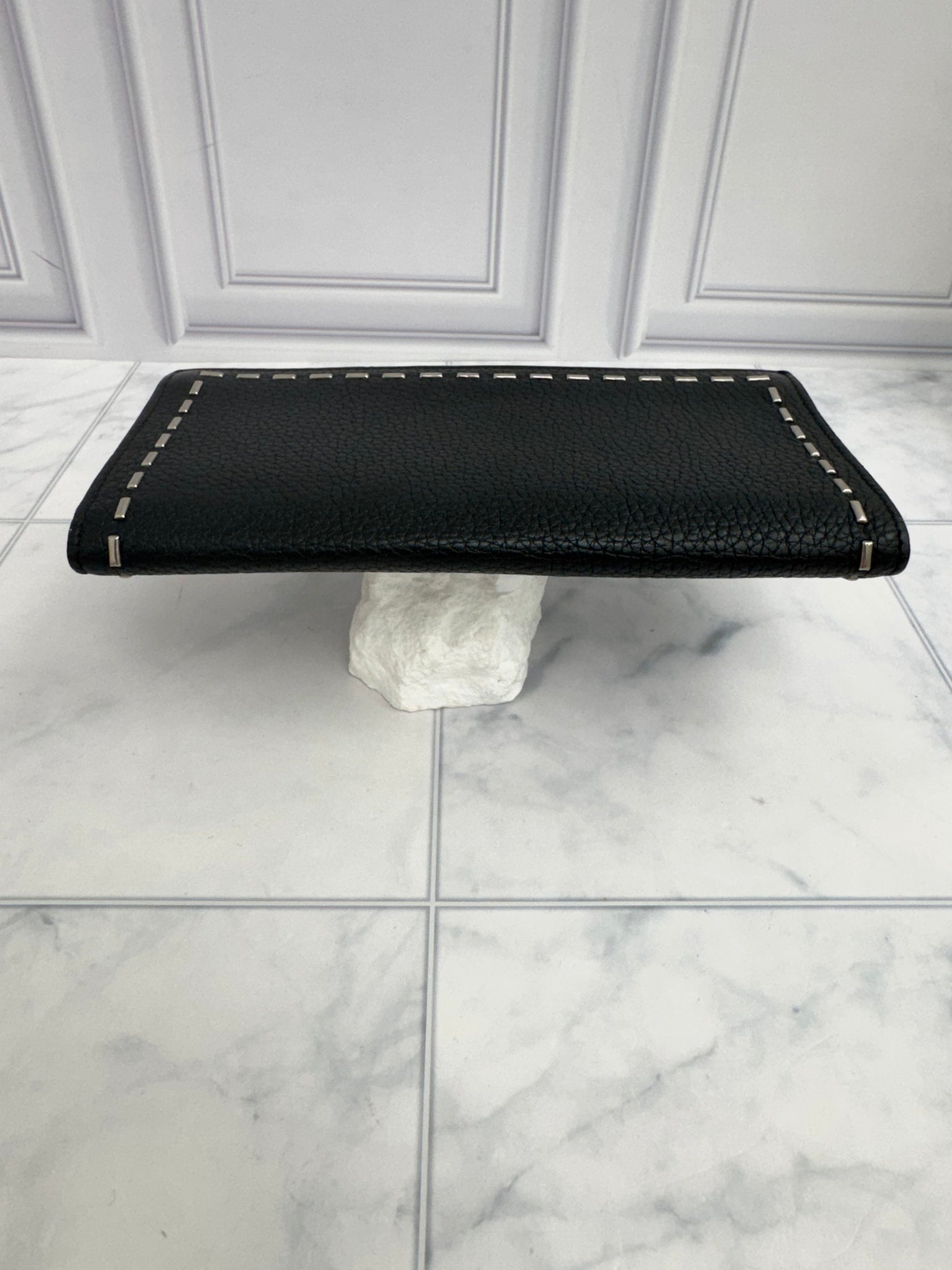 Fendi Black Grained Leather Studded Long Wallet